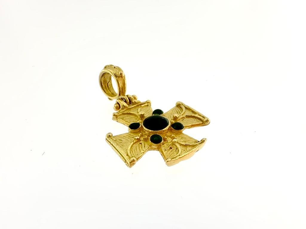 Cabochon Templar Style Italian Vintage Gold Cross with Emeralds For Sale
