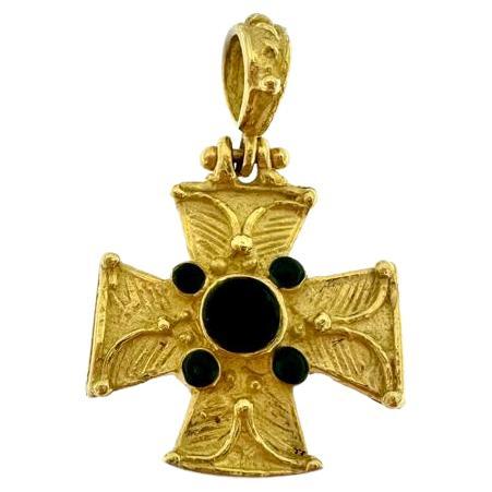 Templar Style Italian Vintage Gold Cross with Emeralds For Sale