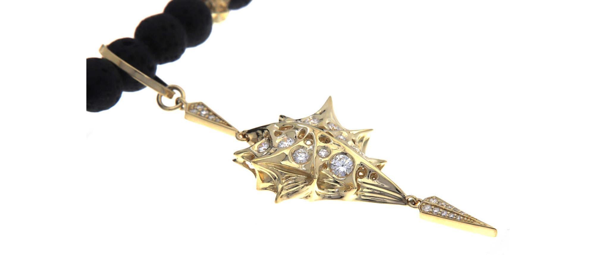 Contemporary Temple 18K Gold and Lava Stone Necklace For Sale