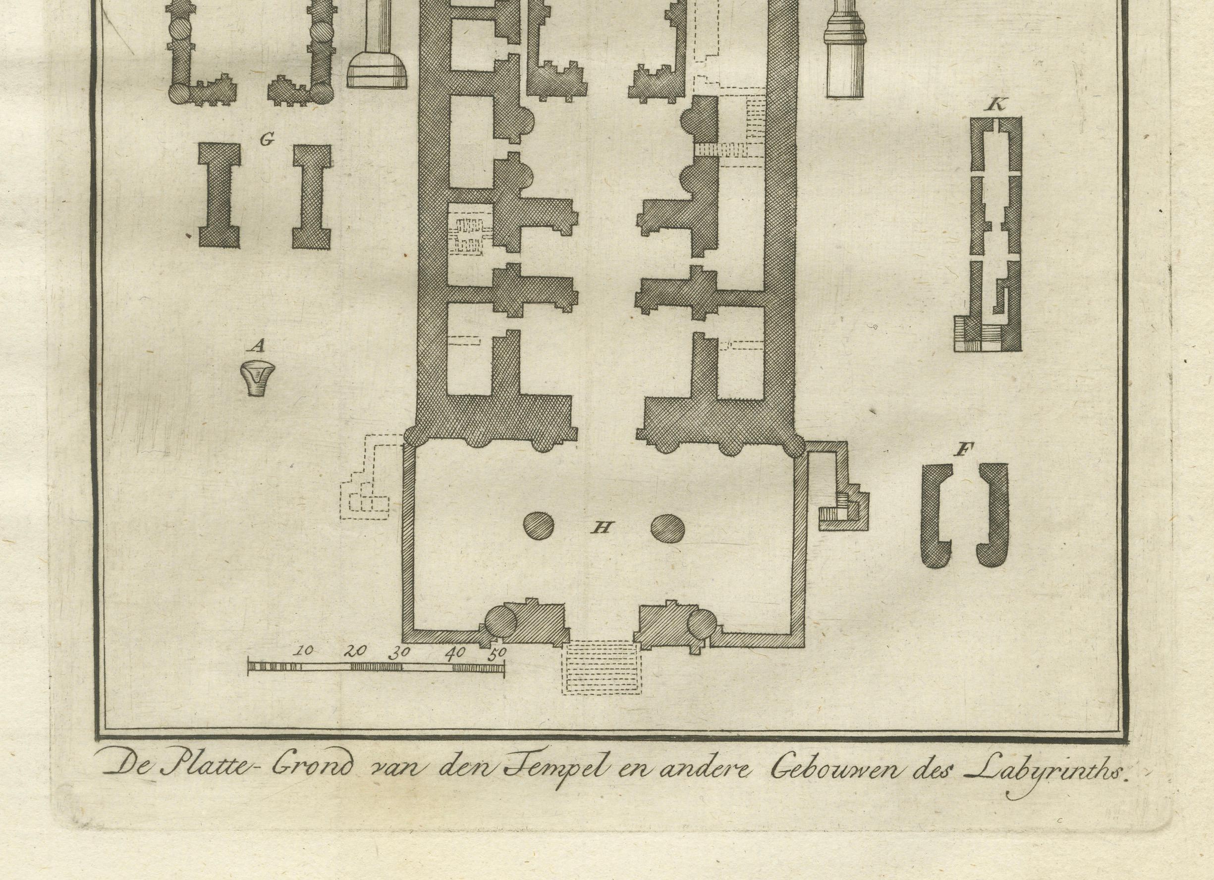 Título: Templo y edificios del Laberinto de Hawara - Grabado de planta, Egipto 1776

Descripción:
Este grabado arquitectónico de 1776 presenta un plano detallado del legendario Laberinto egipcio de Hawara, que se cree que existió cerca de la región