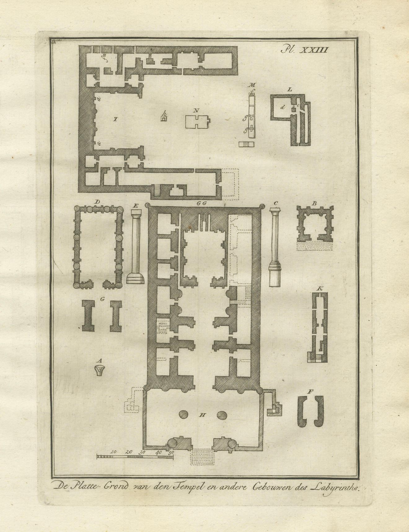 Templo y edificios del Laberinto, Hawara - Grabado de planta, Egipto 1776 en Bueno estado para la venta en Langweer, NL