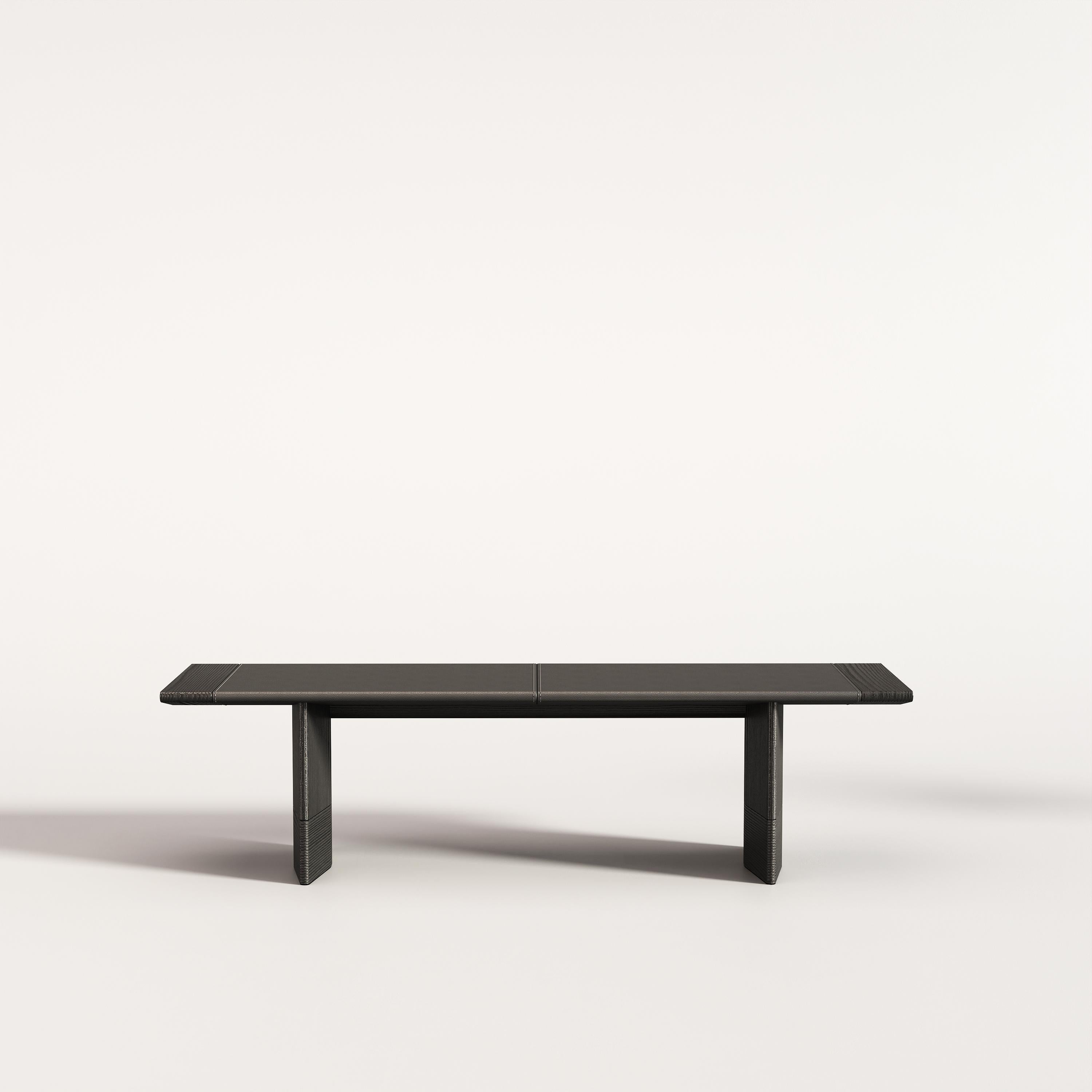 Temple bench by Emre Yunus Uzun
Dimensions: D 140 x W 40 x H 40 cm
Materials: Brushed oak wood, leather top.
Custom sizes and finishes available.

Temple Collection consists of three complimentary pieces; a table, a bench and a tabletop tray.