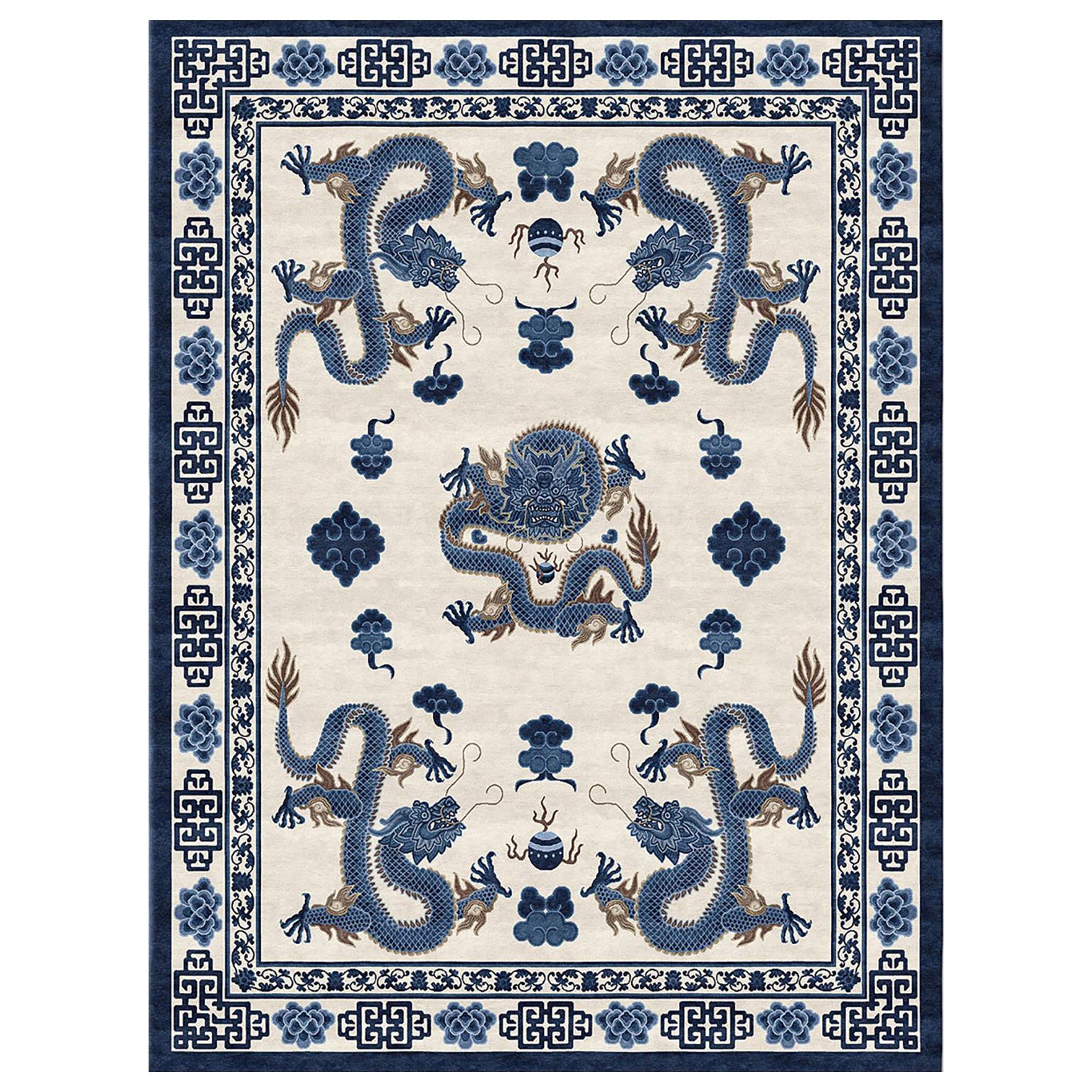 Traditional Rug Chinoiserie natural Wool Silk - Temple Ceremony Chinese Blue For Sale