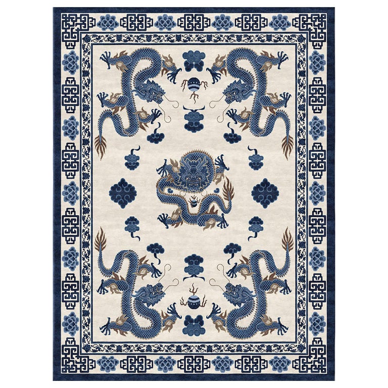 Temple Ceremony Chinese Blue Traditional Oriental Hand Knotted Wool