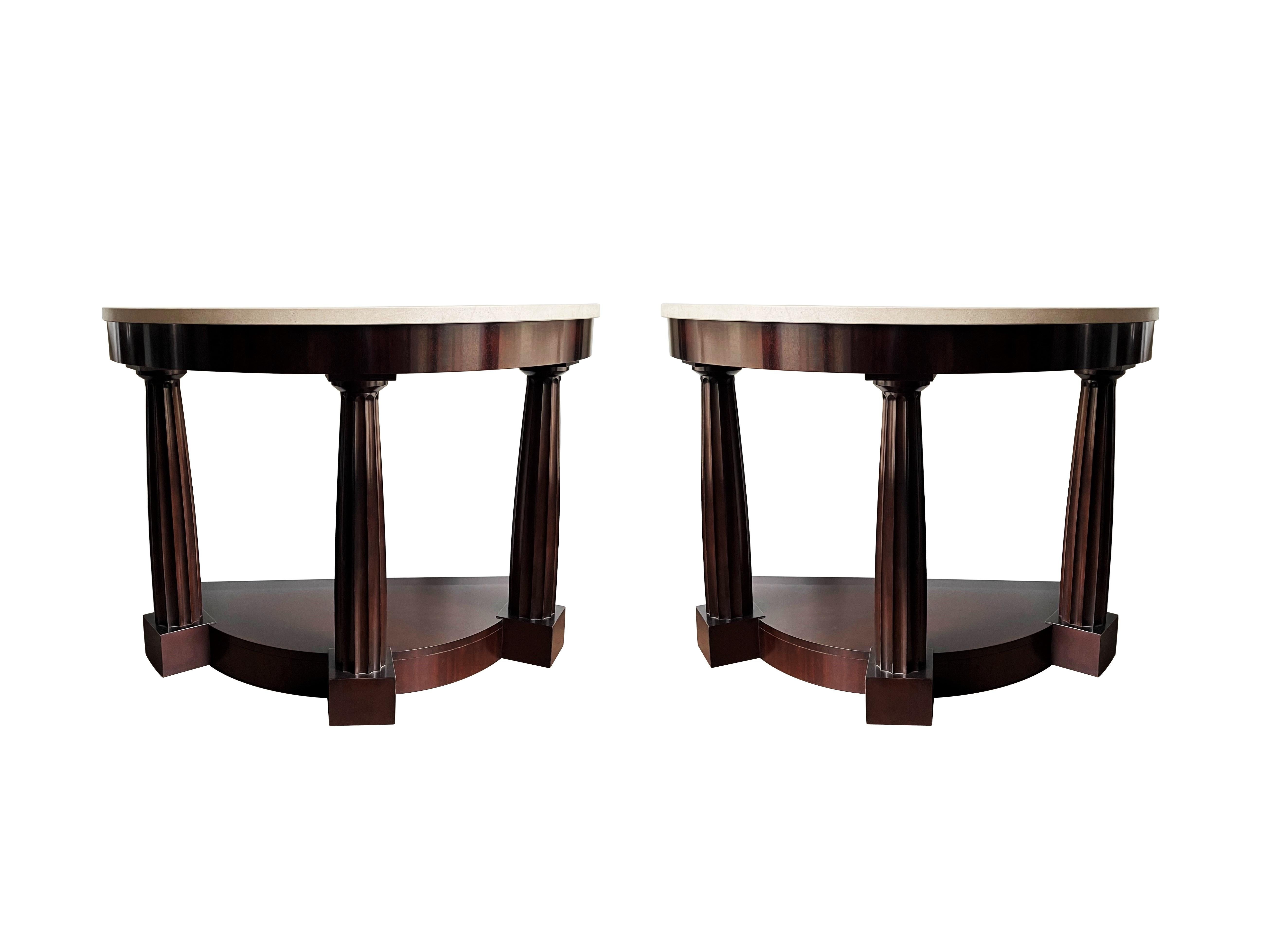 An exceptional set of temple console tables by the distinguished designer Thomas Pheasant for Baker Furniture. No longer in production. Inspired by the ruins of ancient Rome, each piece exhibits strong architectural neo-classic influences combined
