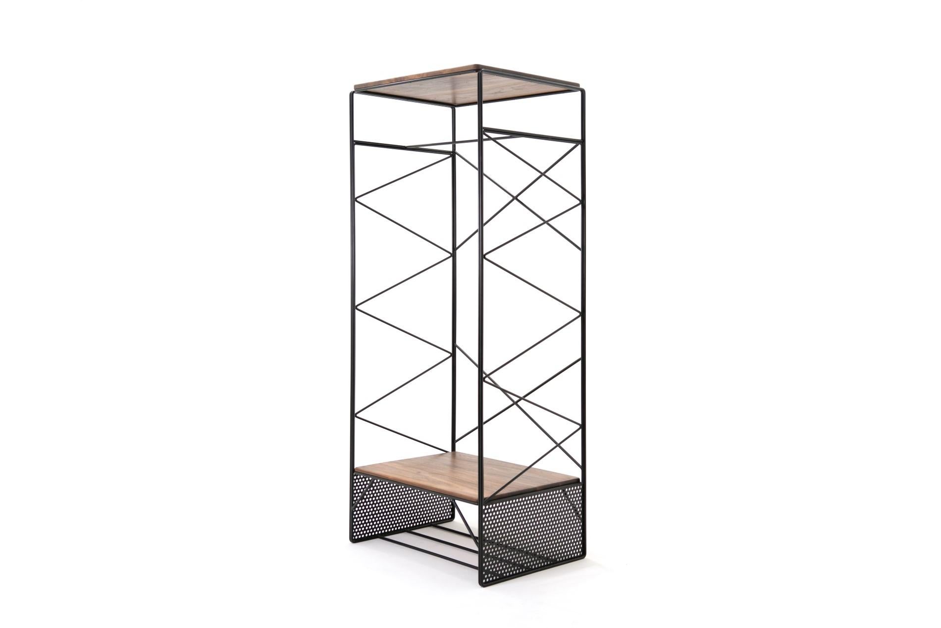 The temple of dream is a freestanding open storage unit with a hanging solution and two shelves. This piece is handmade in solid wood and steel. It is an ideal hallway, bedroom, or kitchen storage solution. 
In a post-industrial era, this unit fits