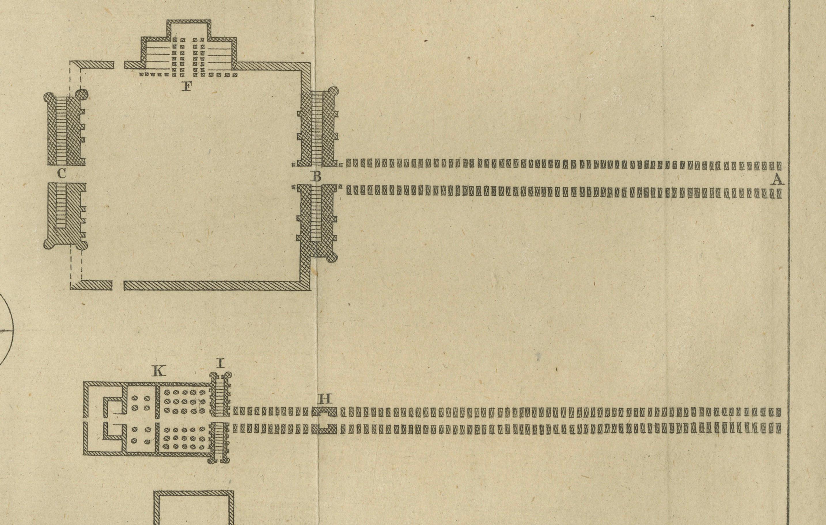 Templo de Júpiter en Tebas - Planta y alzados de la puerta, hacia 1710 Holandés en venta