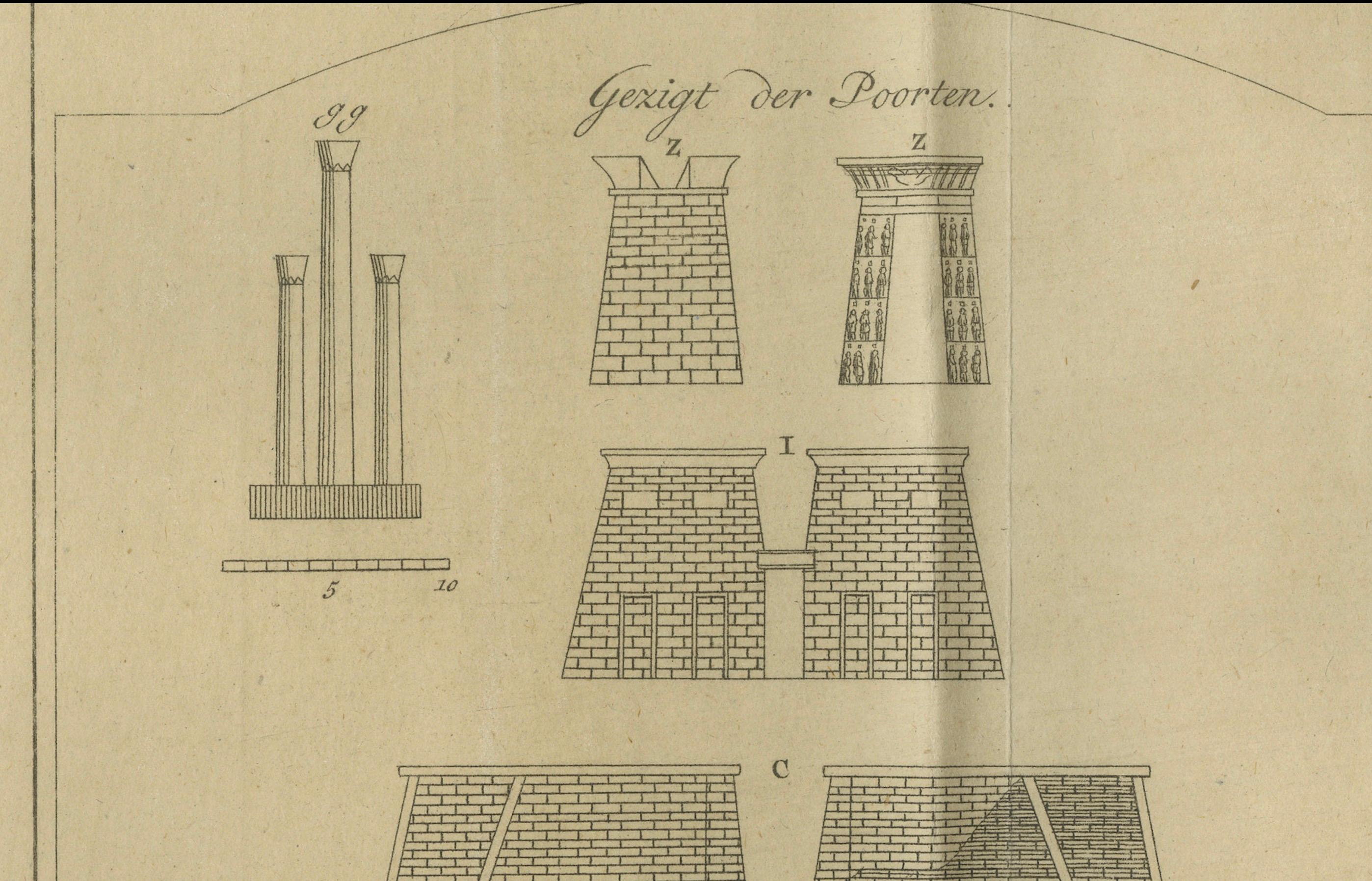 Templo de Júpiter en Tebas - Planta y alzados de la puerta, hacia 1710 Grabado en venta