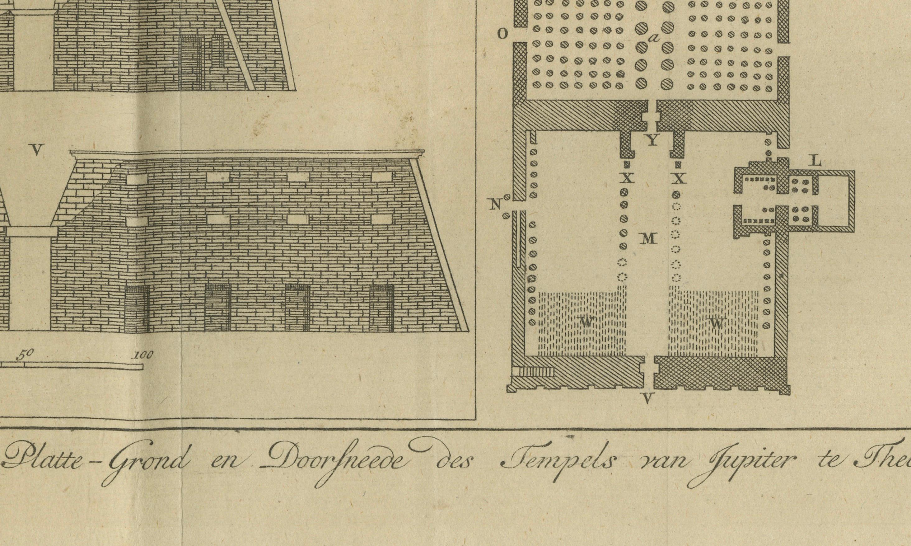 Templo de Júpiter en Tebas - Planta y alzados de la puerta, hacia 1710 en Bueno estado para la venta en Langweer, NL