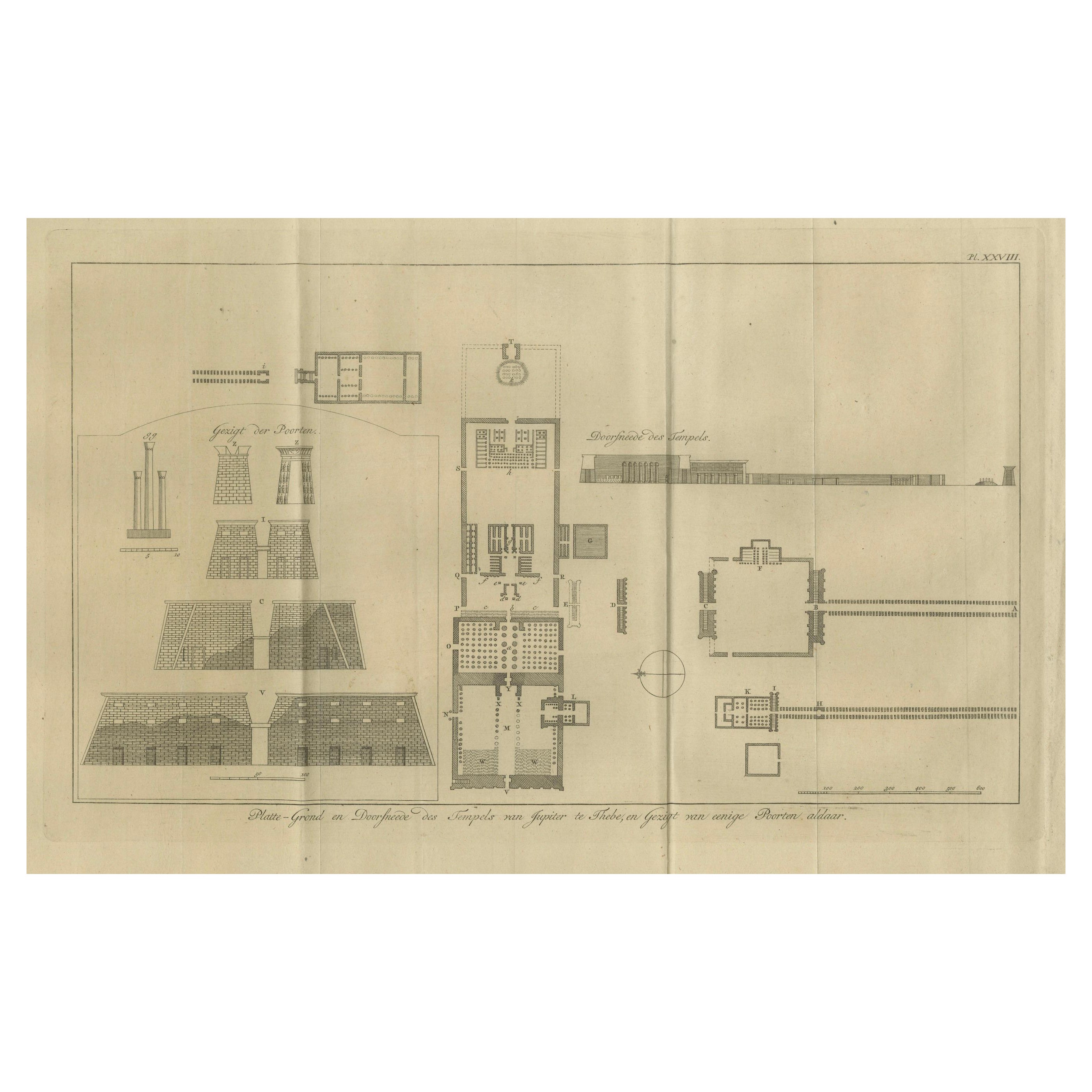 Templo de Júpiter en Tebas - Planta y alzados de la puerta, hacia 1710