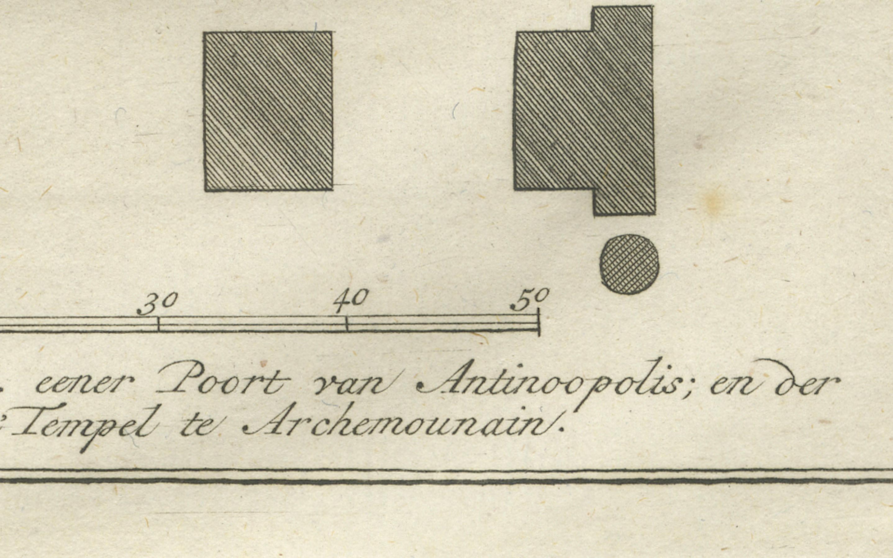 Titre : Portique et colonnes du temple d'Antinoöpolis - Gravure architecturale, 1776

Description :
Cette gravure architecturale de 1776 présente des plans détaillés et des élévations de structures de temples classiques à Antinoöpolis, l'ancienne