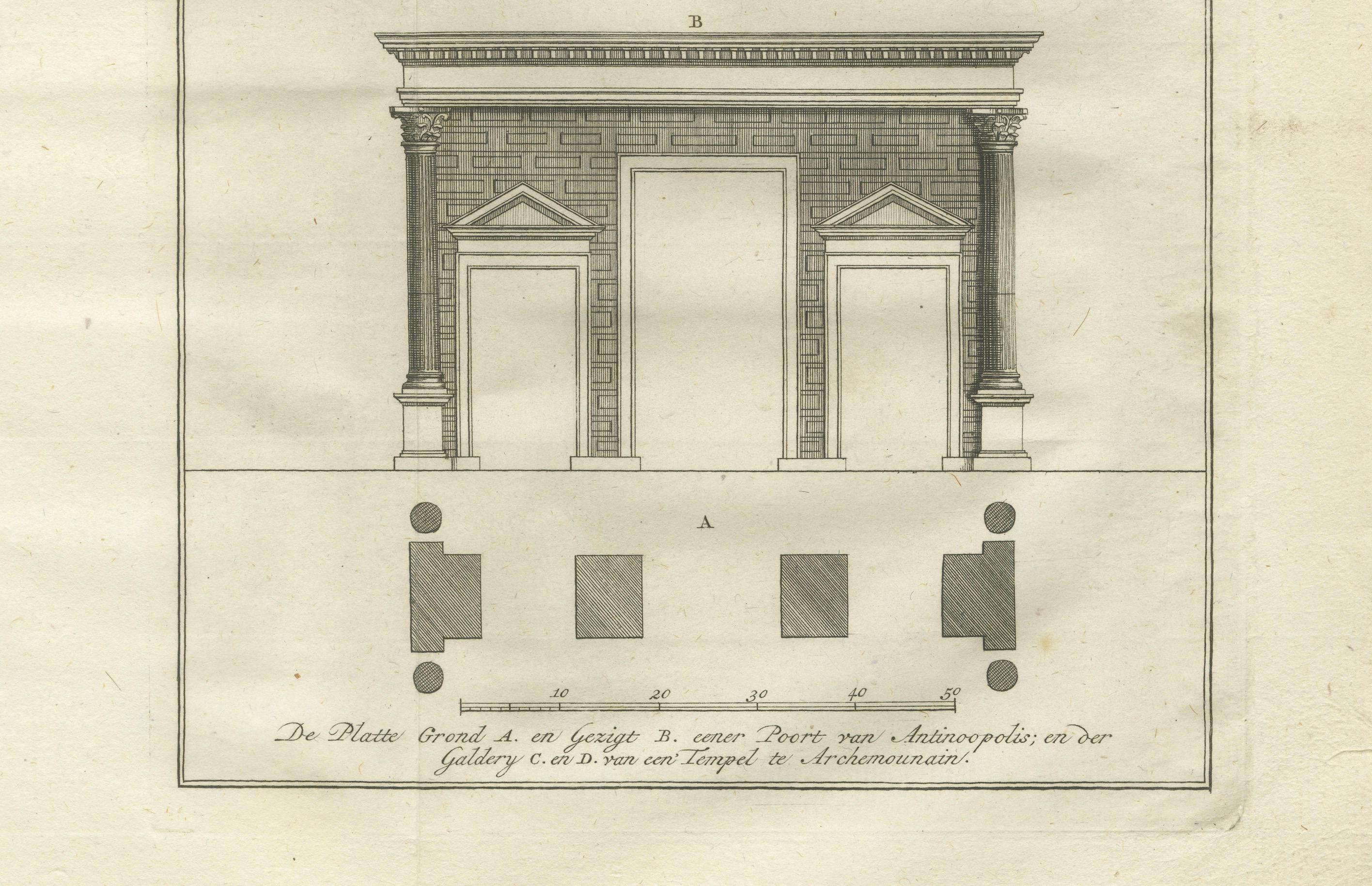 Gravé Portique et colonnes du temple d'Antinoöpolis - Gravure architecturale, 1776 en vente