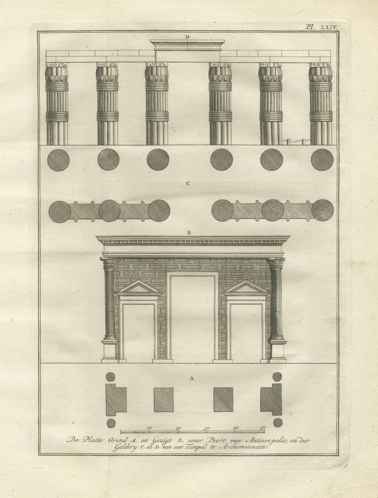 XVIIIe siècle Portique et colonnes du temple d'Antinoöpolis - Gravure architecturale, 1776 en vente