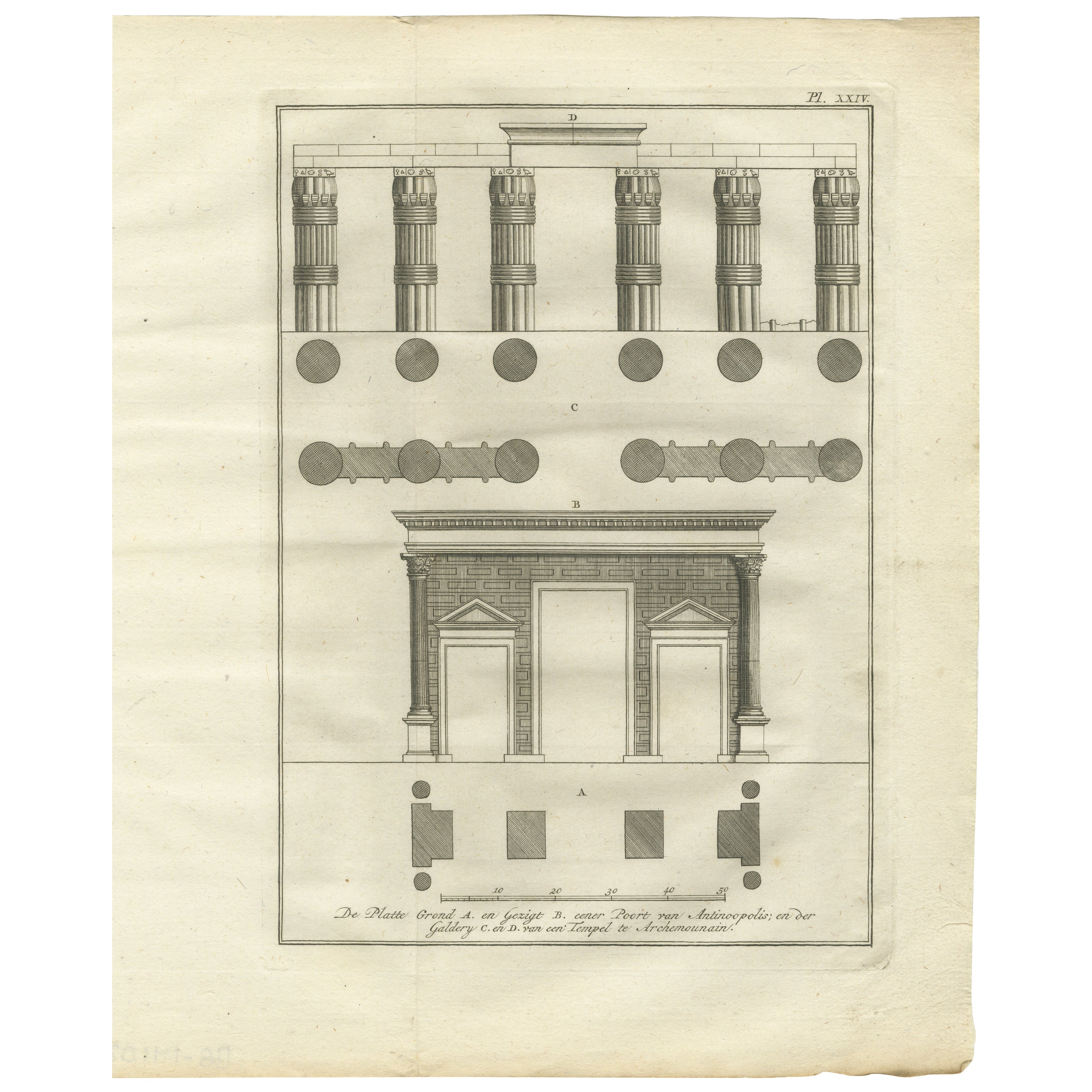 Portique et colonnes du temple d'Antinoöpolis - Gravure architecturale, 1776