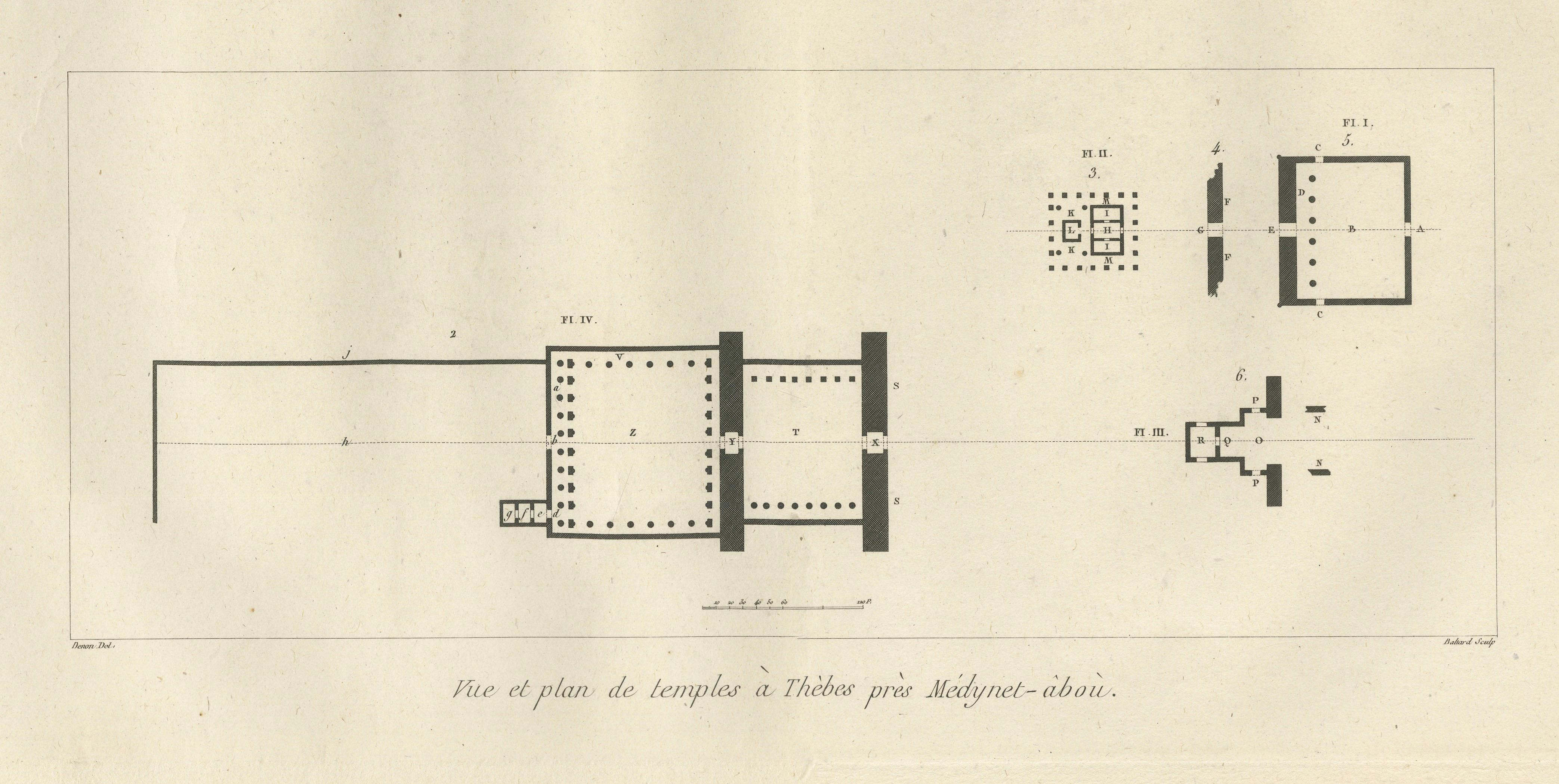 Temple Ruins at Thebes with Architectural Plan, Egypt, Antique Engraving, c.1802
