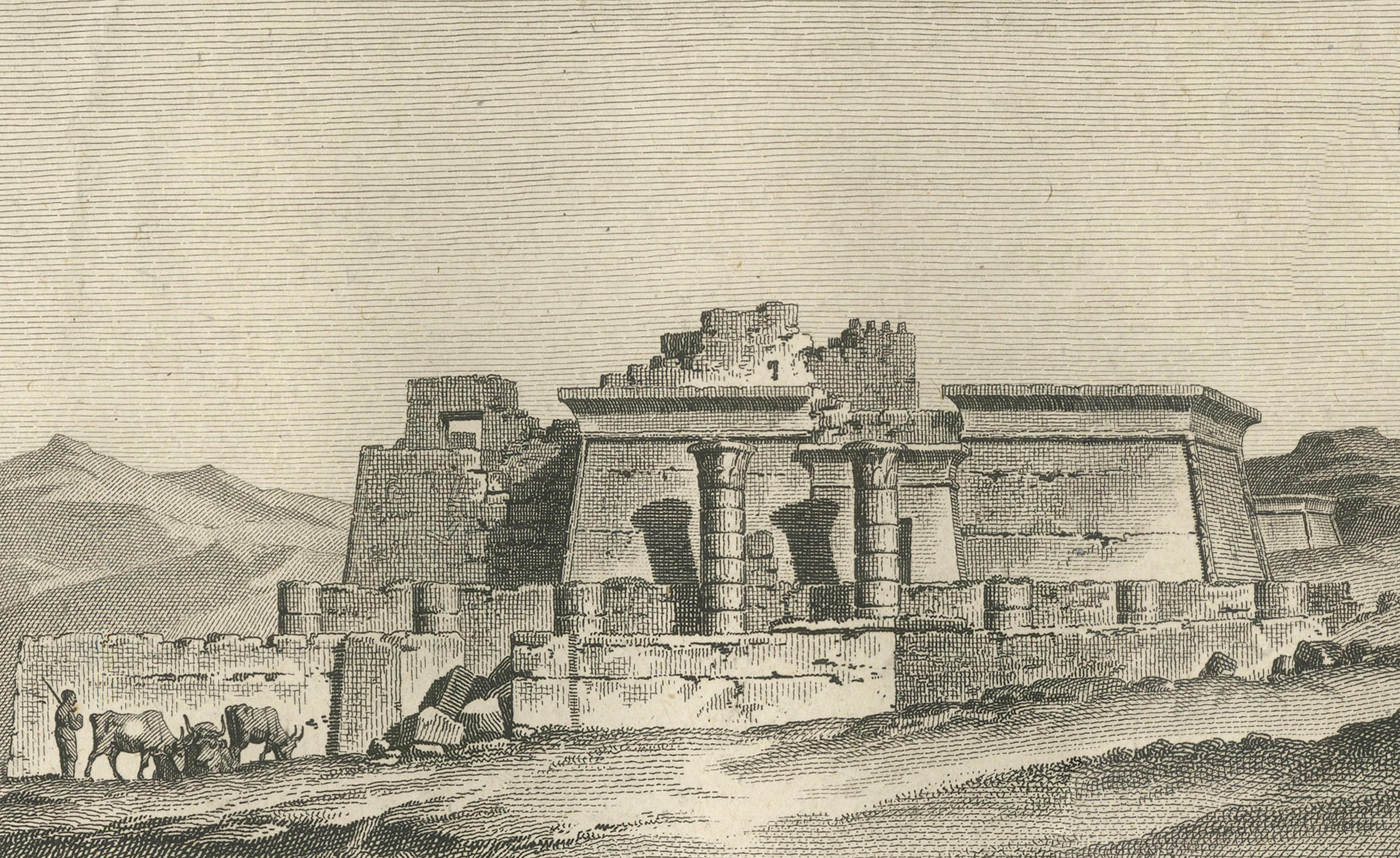 Temple Ruins at Thebes with Architectural Plan, Egypt, Antique Engraving, c.1802
