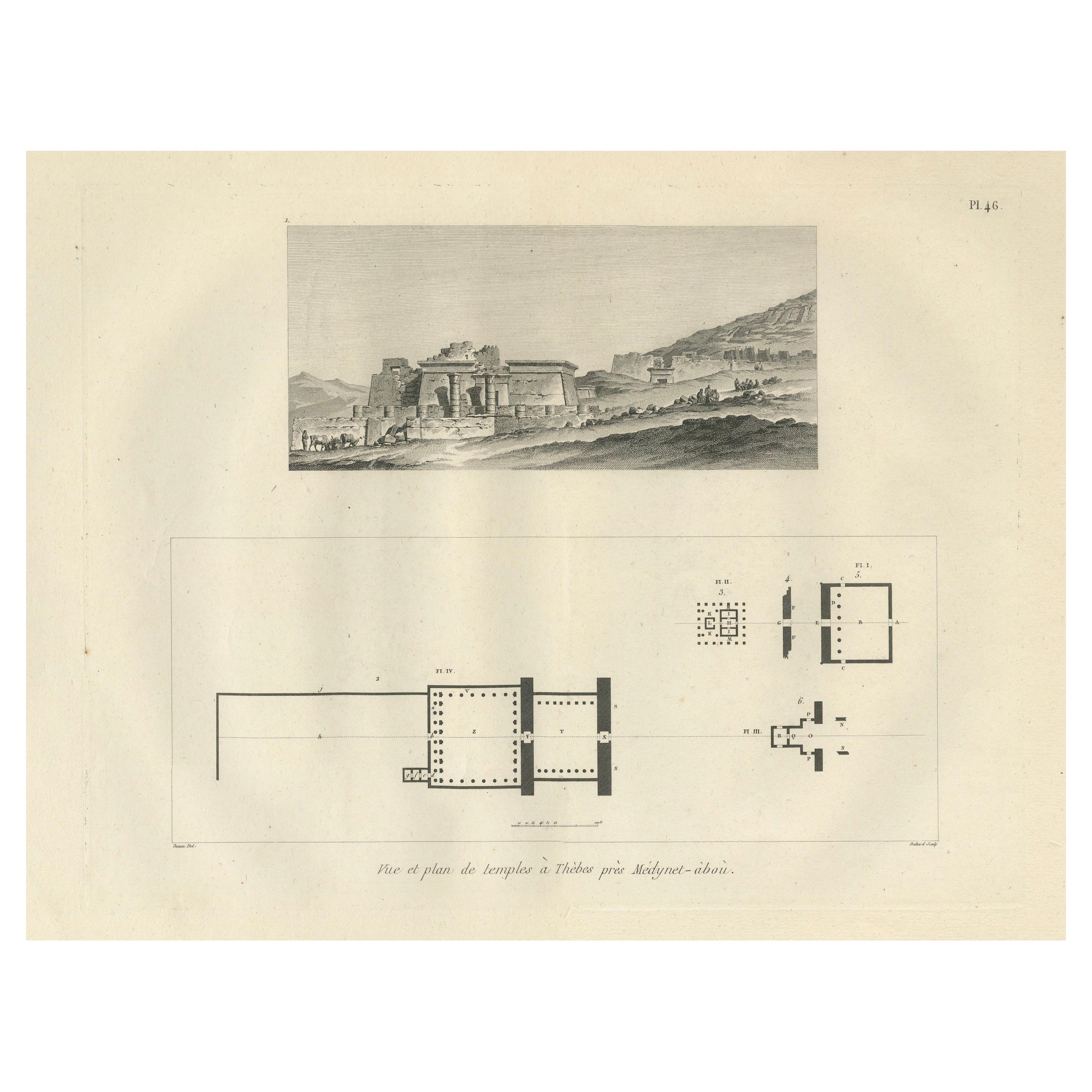 Temple Ruins at Thebes with Architectural Plan, Egypt, Antique Engraving, c.1802 en vente