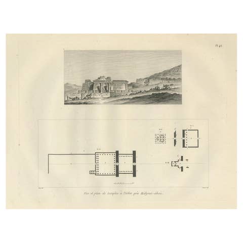Temple Ruins at Thebes with Architectural Plan, Egypt, Antique Engraving, c.1802