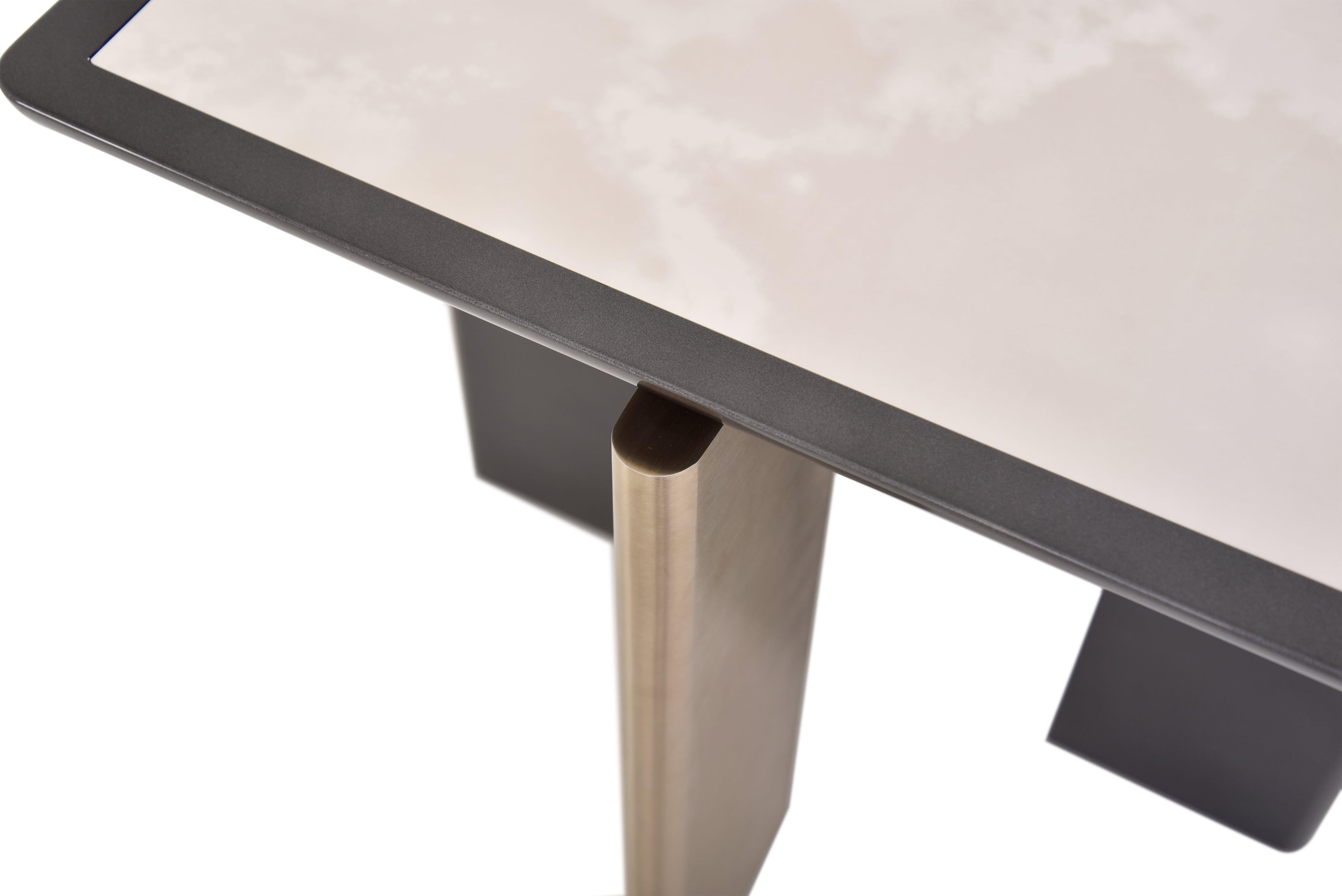 Mid-Century Modern Temple Side Table With Oak structure, Dekton Top and Smoke Brass Details For Sale