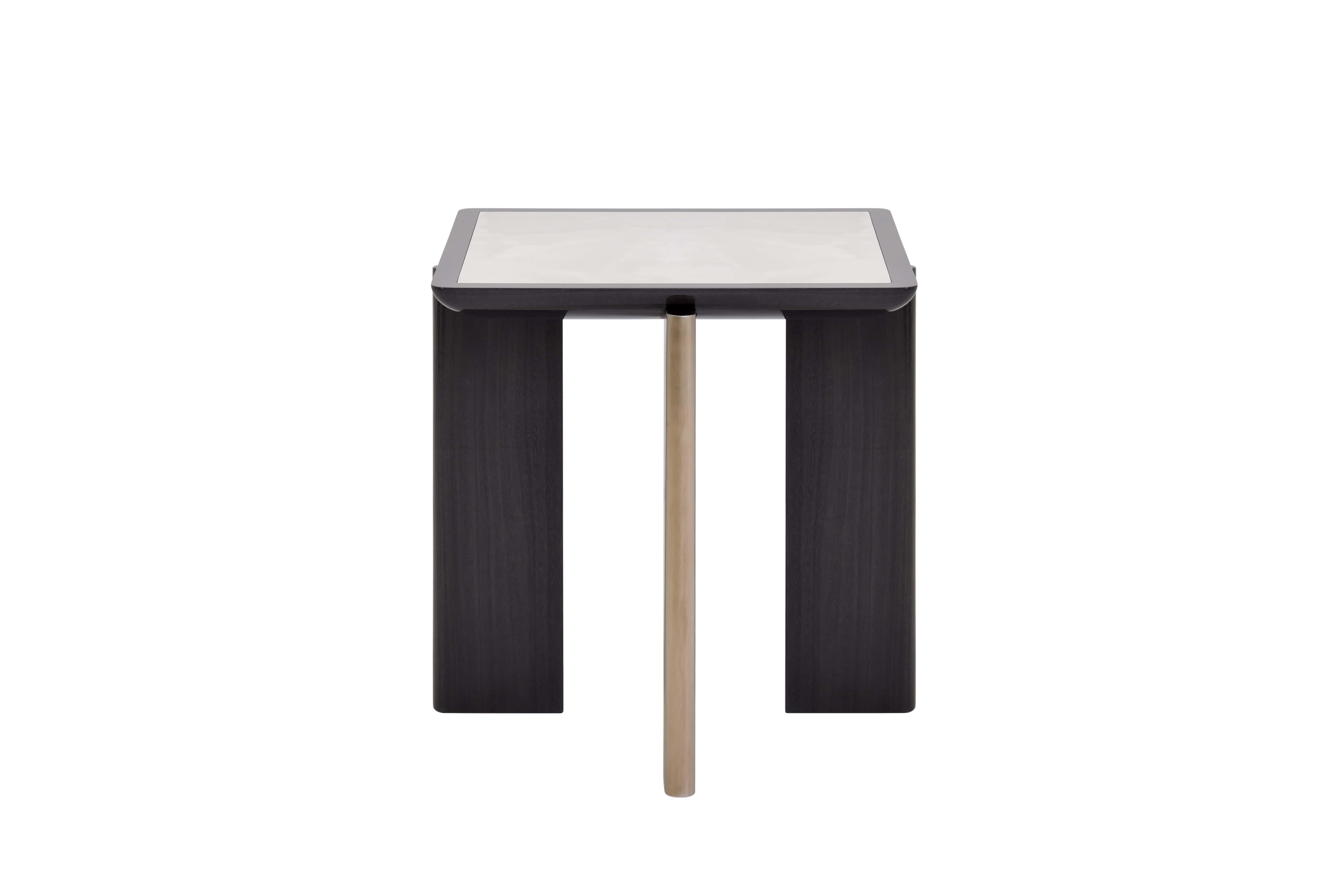 Brushed Temple Side Table With Oak structure, Dekton Top and Smoke Brass Details For Sale