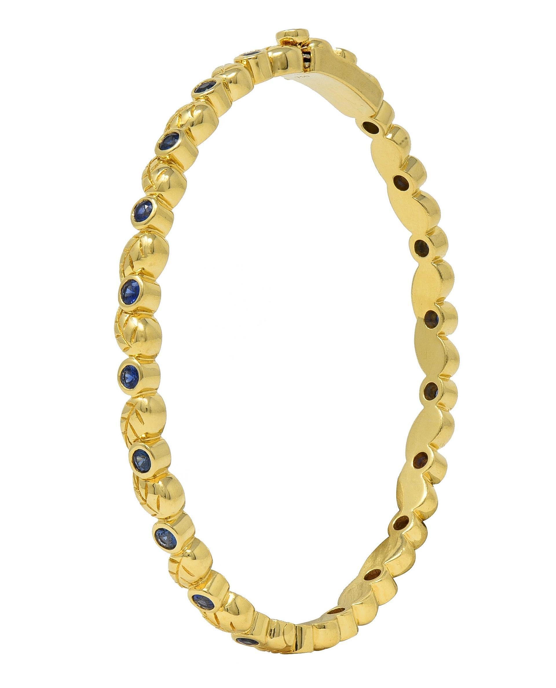 Round Cut Temple St. Clair 1.75 CTW Sapphire 18 Karat Yellow Gold Leaf Bangle Bracelet For Sale