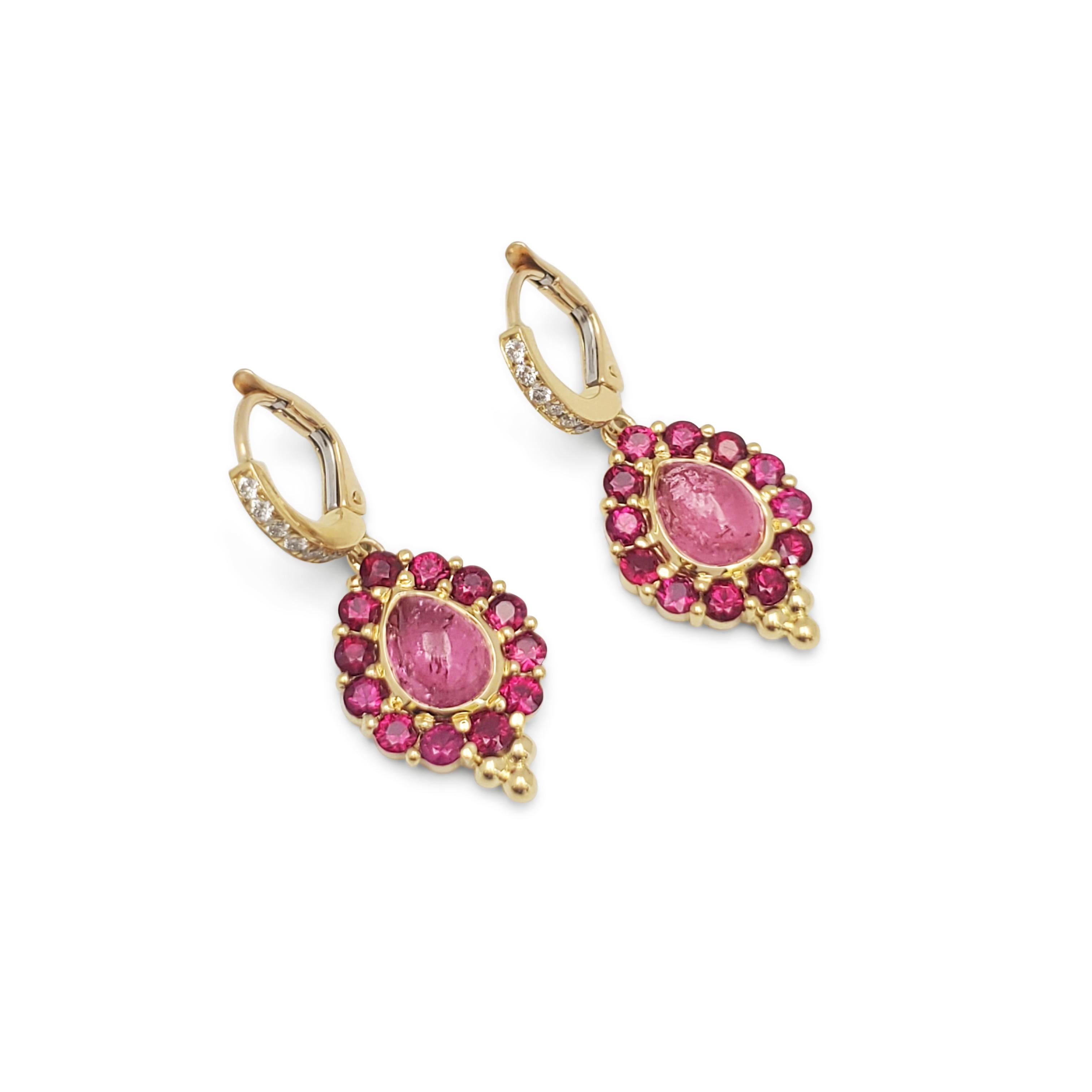 Authentic Temple St. Clair 'Dreamcatcher' earrings from the Color Theory collection.  Crafted in 18 karat yellow gold, the design pays homage to the color pink.  Each earring is set with a hot pink cabochon tourmaline (approximately 3 carats for the