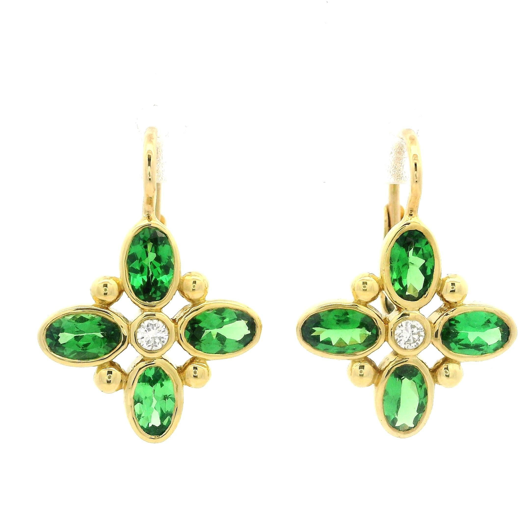 Temple St. Clair 18k Gold Tsavorit & Diamant vier Blatt Blume Tropfen Ohrringe