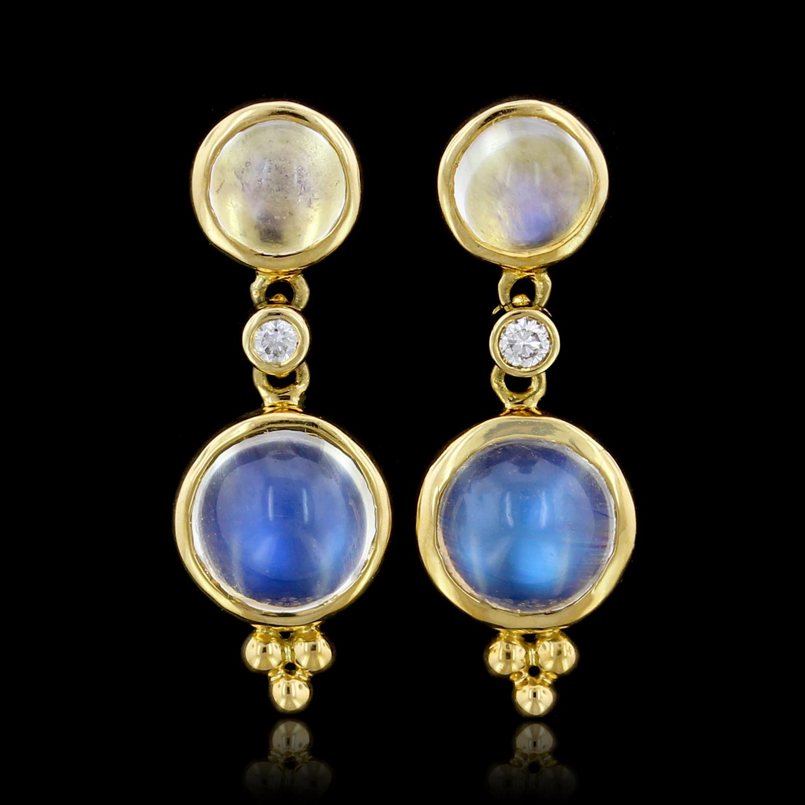 Temple St. Clair 18K Yellow Gold Royal Blue Moonstone and Diamond Earrings.
The  double drop earrings are set with four cabochon moonstones, further set with two
full cut diamonds, approx. total wt. .06cts., G color, VS clarity, length 1