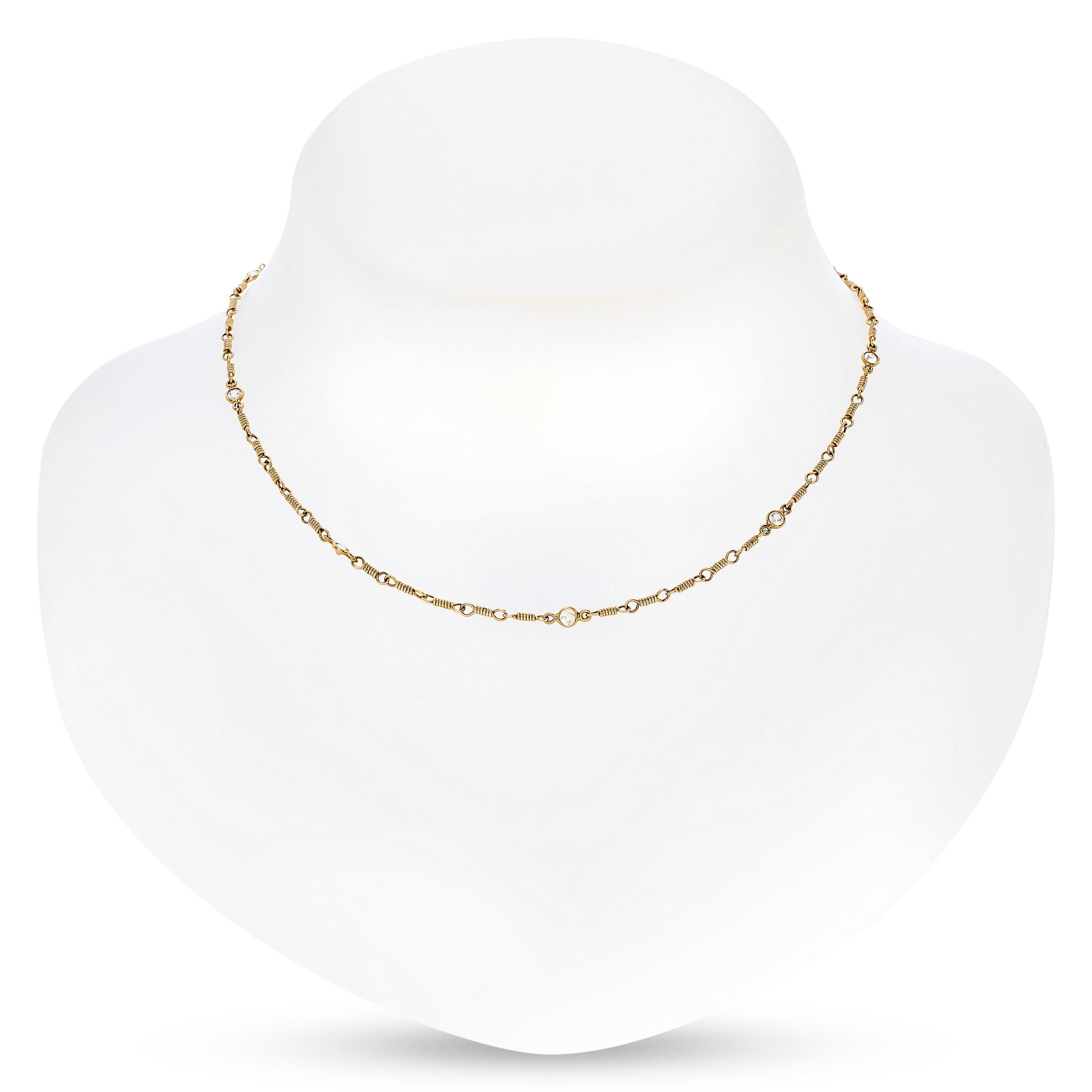 This Temple St. Clair station necklace exudes a delicate beauty, with its exquisite arrangement of white gemstones that effortlessly accentuate any ensemble. 
It has a toggle clasp.

6.76 DWT.