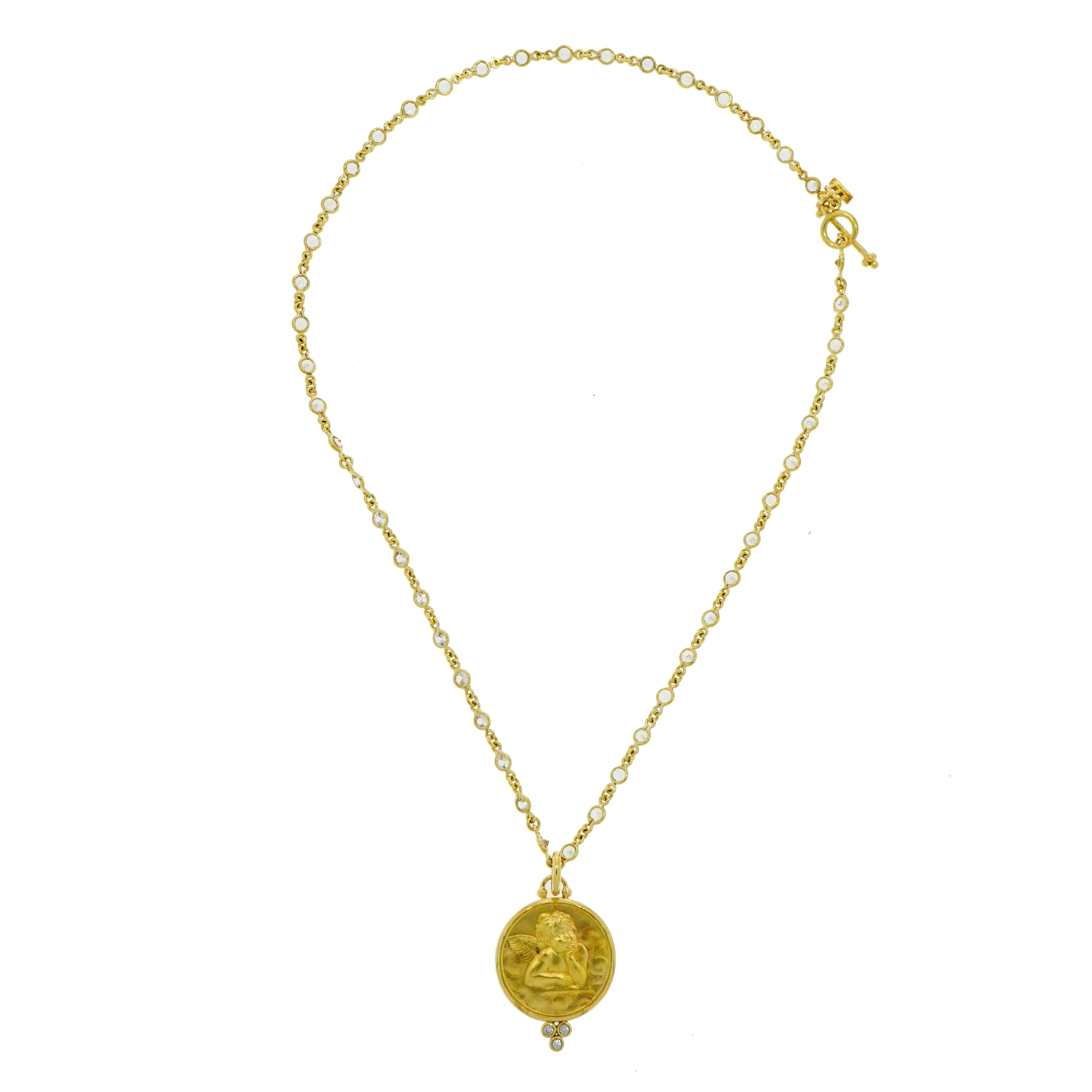 Temple St. Clair's jewelry are treasured by devoted collectors. This precious Angel Pendant is crafted in 18k yellow gold and measures 21mm in diameter, suspended from a 16 inch chain with 8.48 carat faceted white sapphire. Is a keepsake :)
