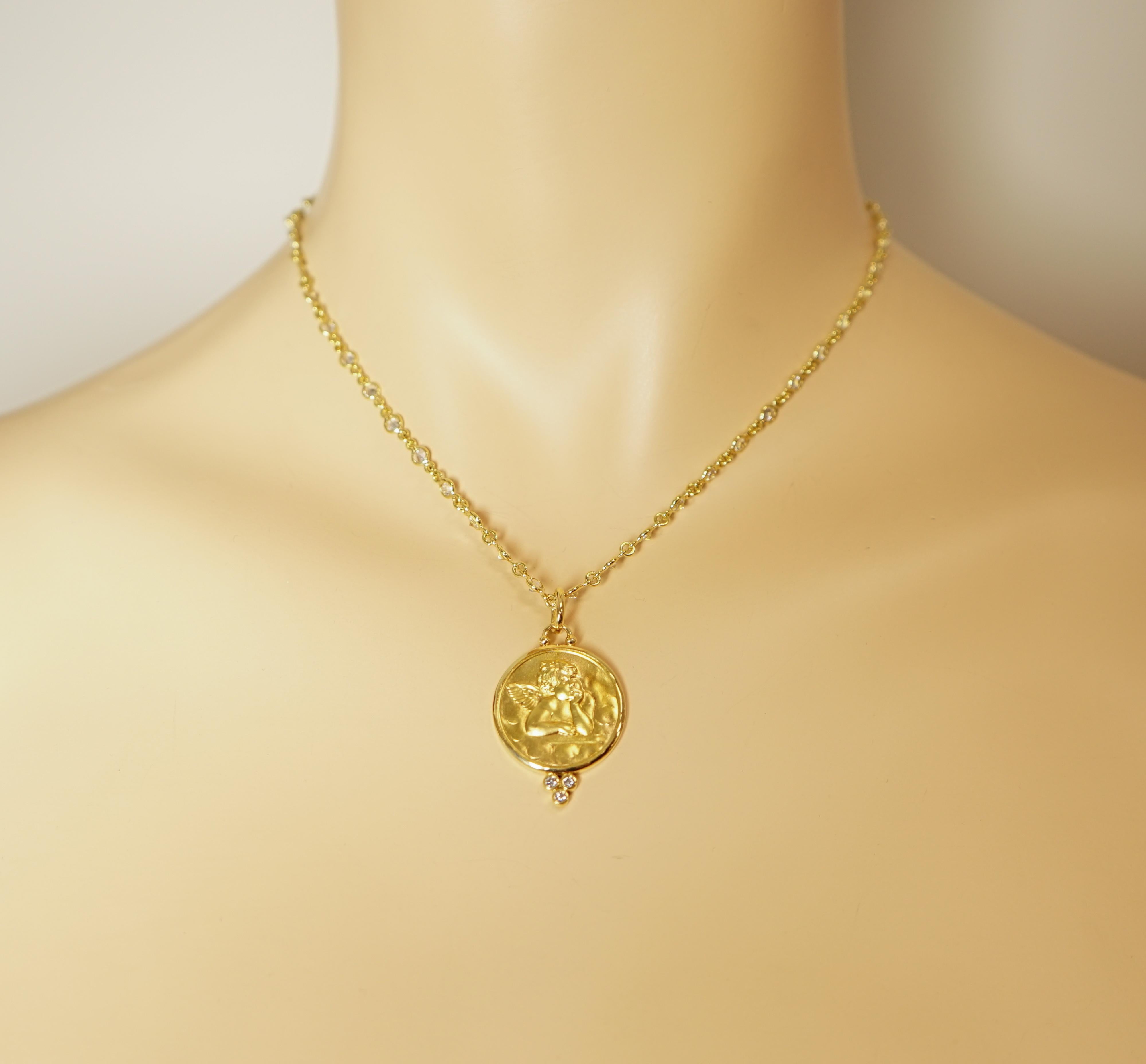 Temple St. Clair Angel Pendant with Yellow Gold White Sapphire Chain In Excellent Condition In Greenwich, CT