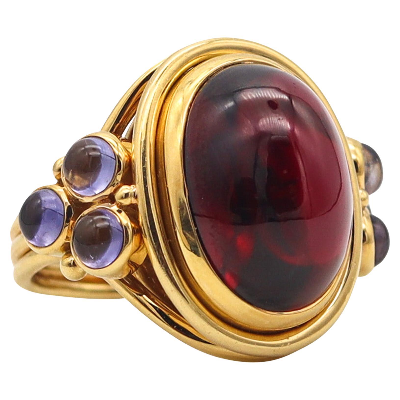 Temple St Clair Cocktail Ring In 18Kt Yellow Gold With 24.95 Cts Garnet & Iolite For Sale