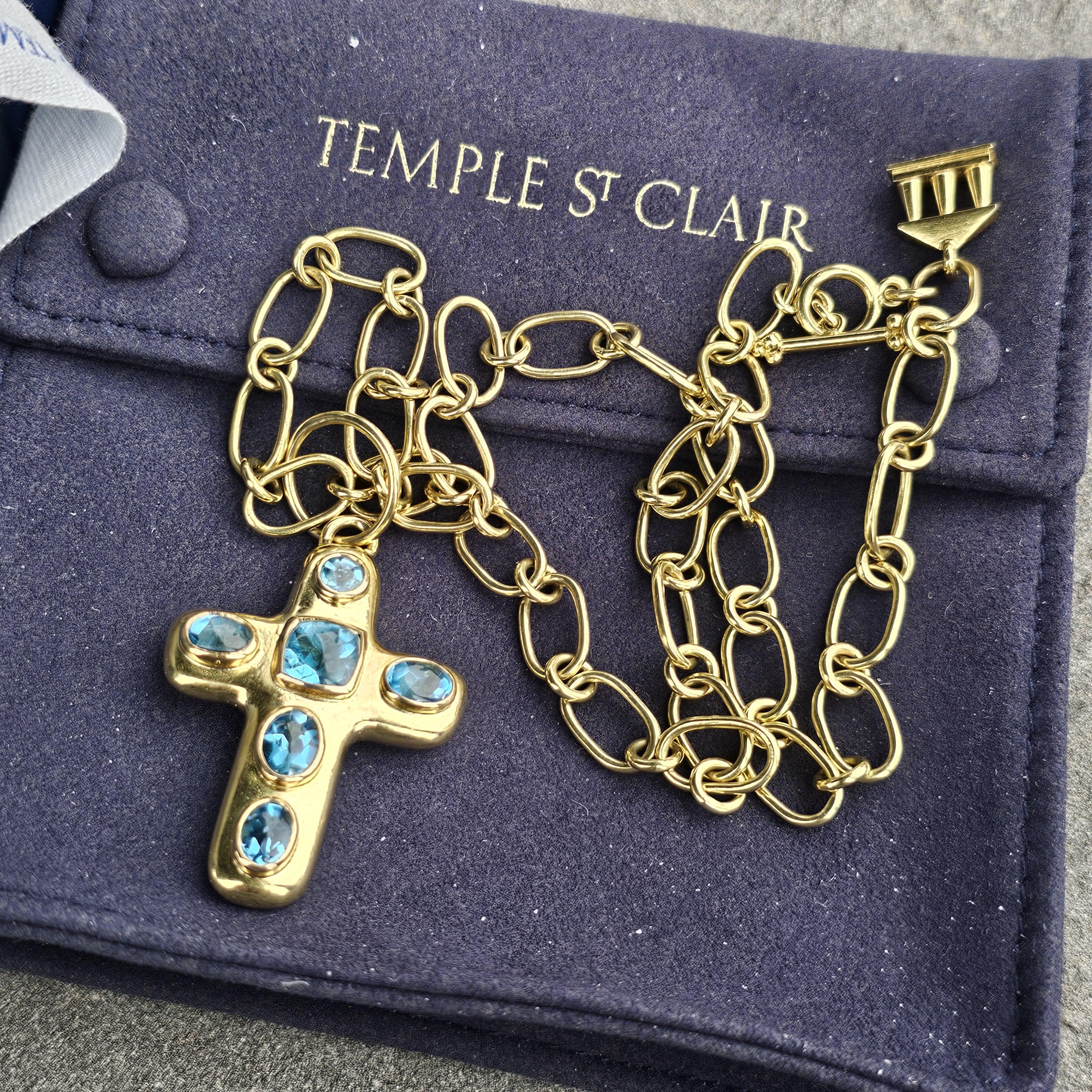 Cushion Cut Temple St. Clair Cross Pendant Blue Topaz Toggle Chain Necklace 18k Gold 17.5