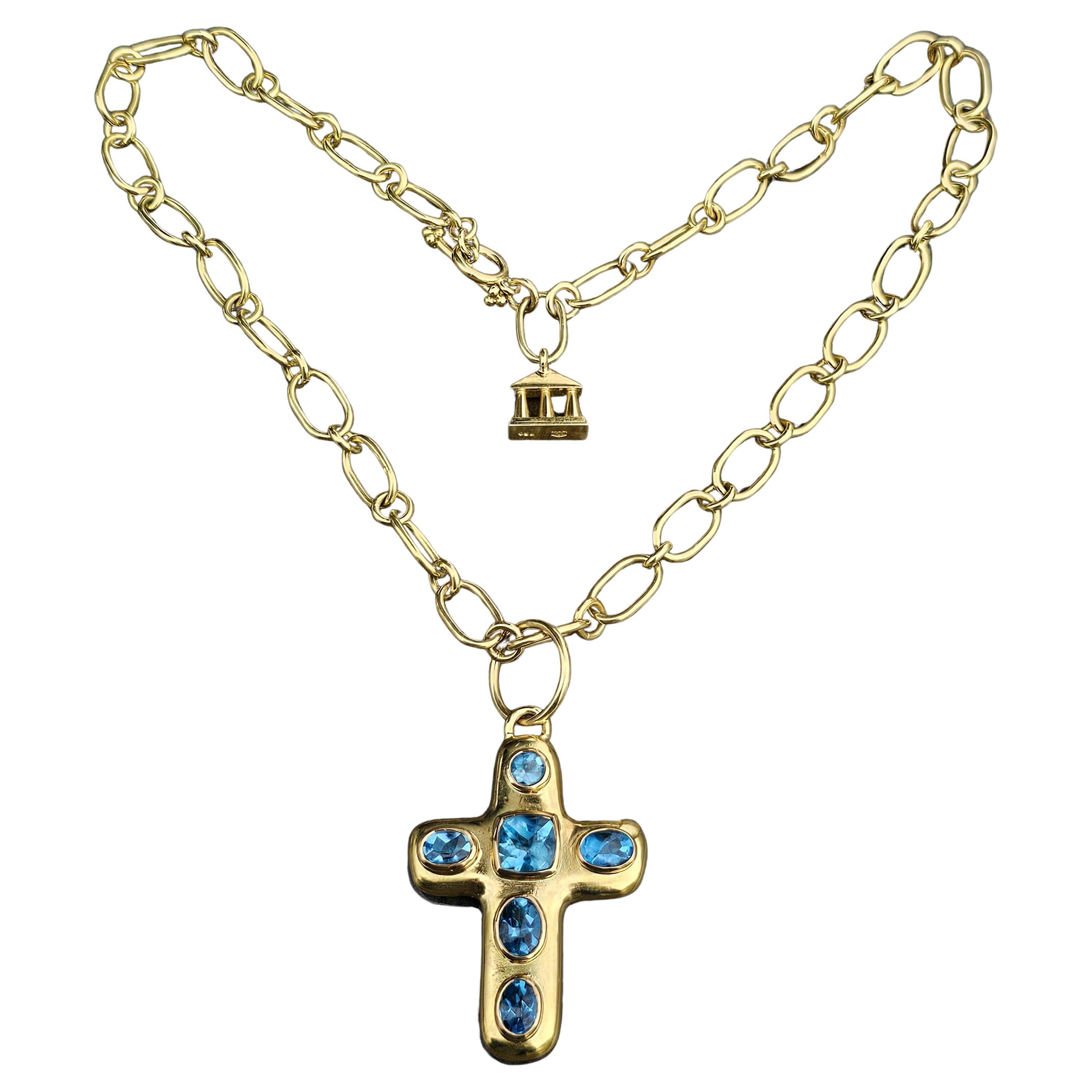 Temple St. Clair Cross Pendant Blue Topaz Toggle Chain Necklace 18k Gold 17.5"
