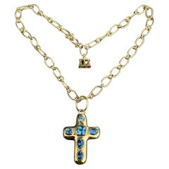 Temple St. Clair Cross Pendant Blue Topaz Toggle Chain Necklace 18k Gold 17.5"