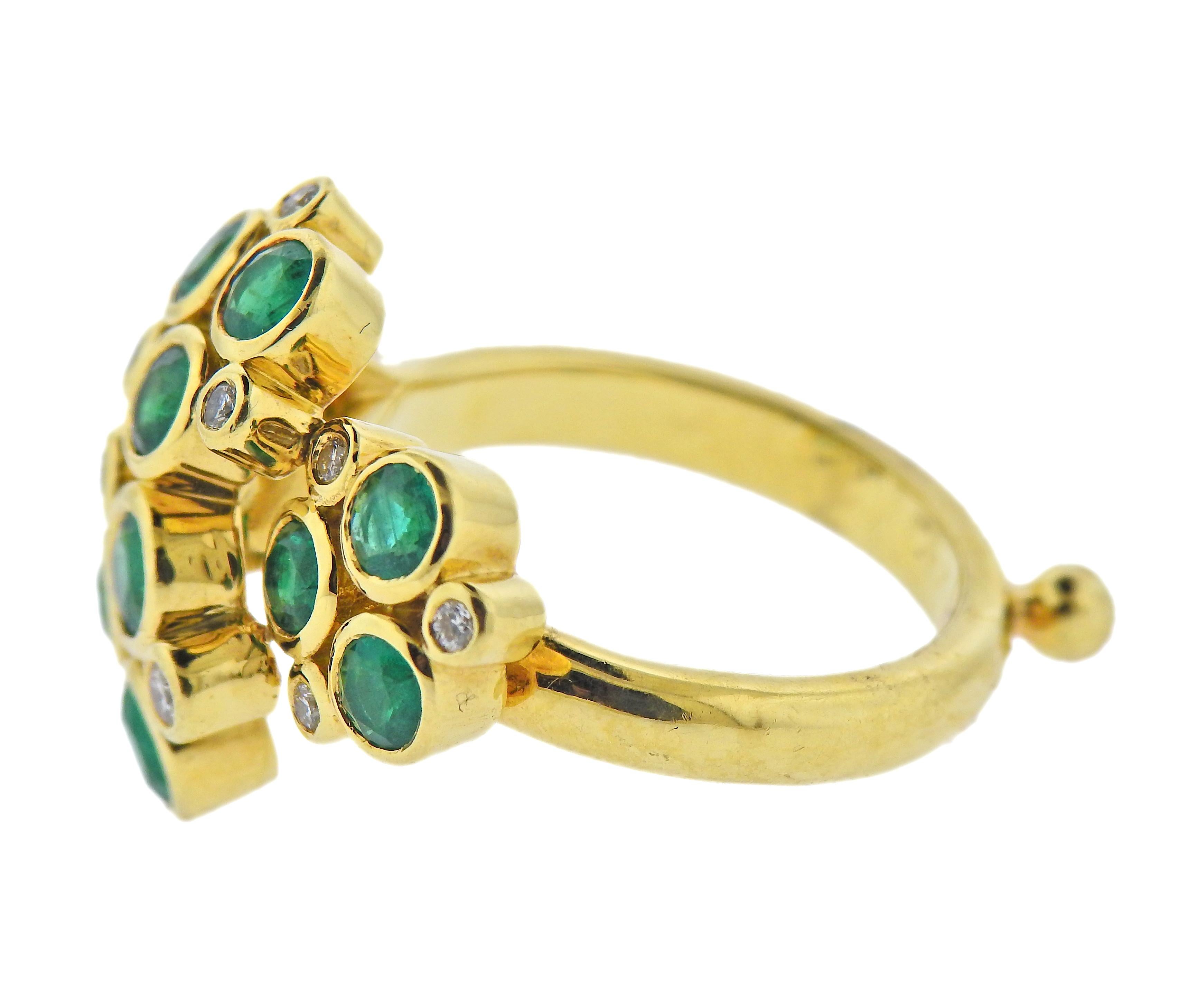 18k yellow gold Temple St. Clair ring, with emeralds and approx. 0.18cts in diamonds. Ring size - 6.75, ring top - 20mm x 25mm. Marked with  Temple mark and 750. Weight - 14.3 grams. 