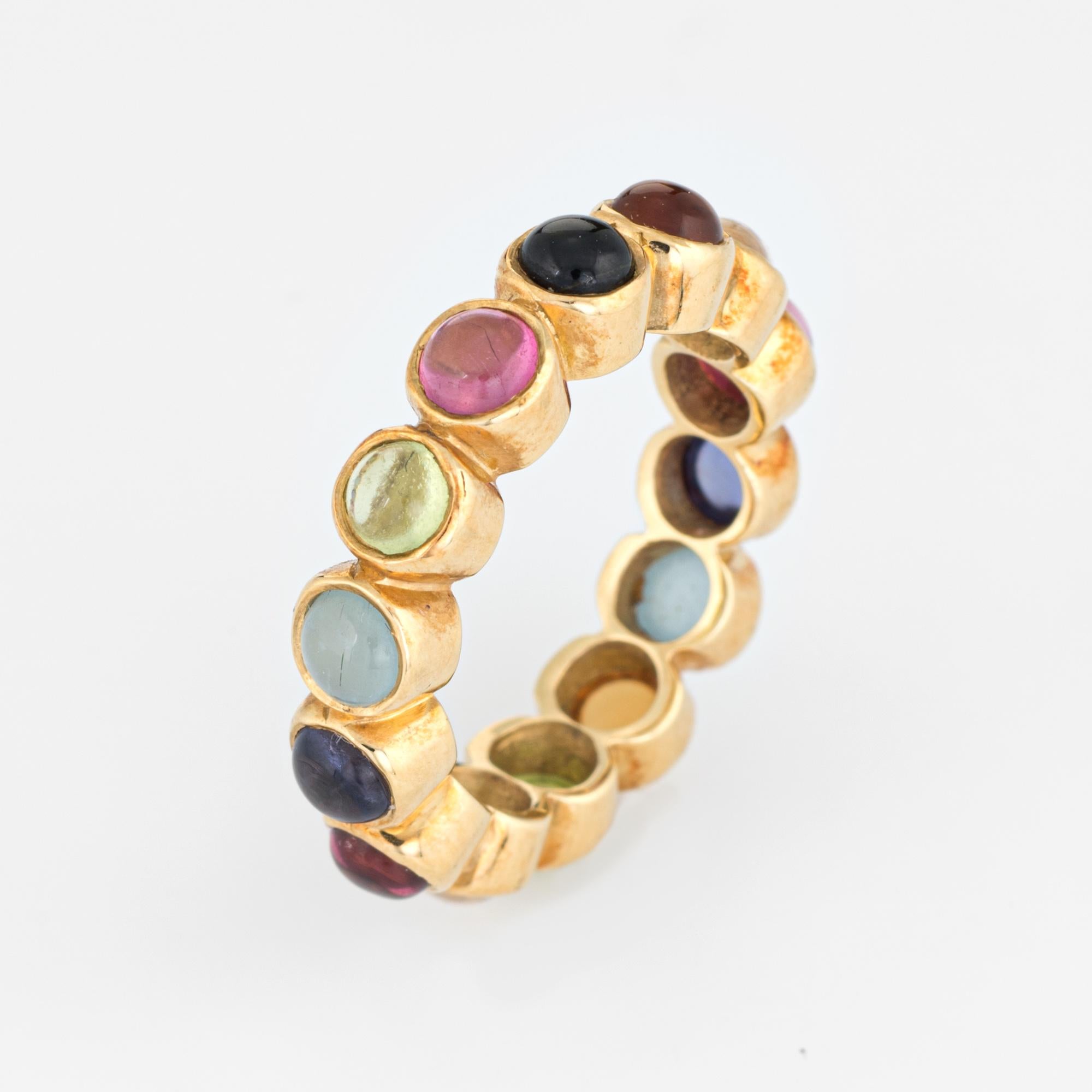 Finely detailed pre owned Temple St Clair multi gemstone eternity ring, crafted in 18 karat yellow gold. 

Cabochon cut stones are uniform in size and measure (average) 3.5mm (estimated at 0.20 carats each). Set into the band is: pink & green