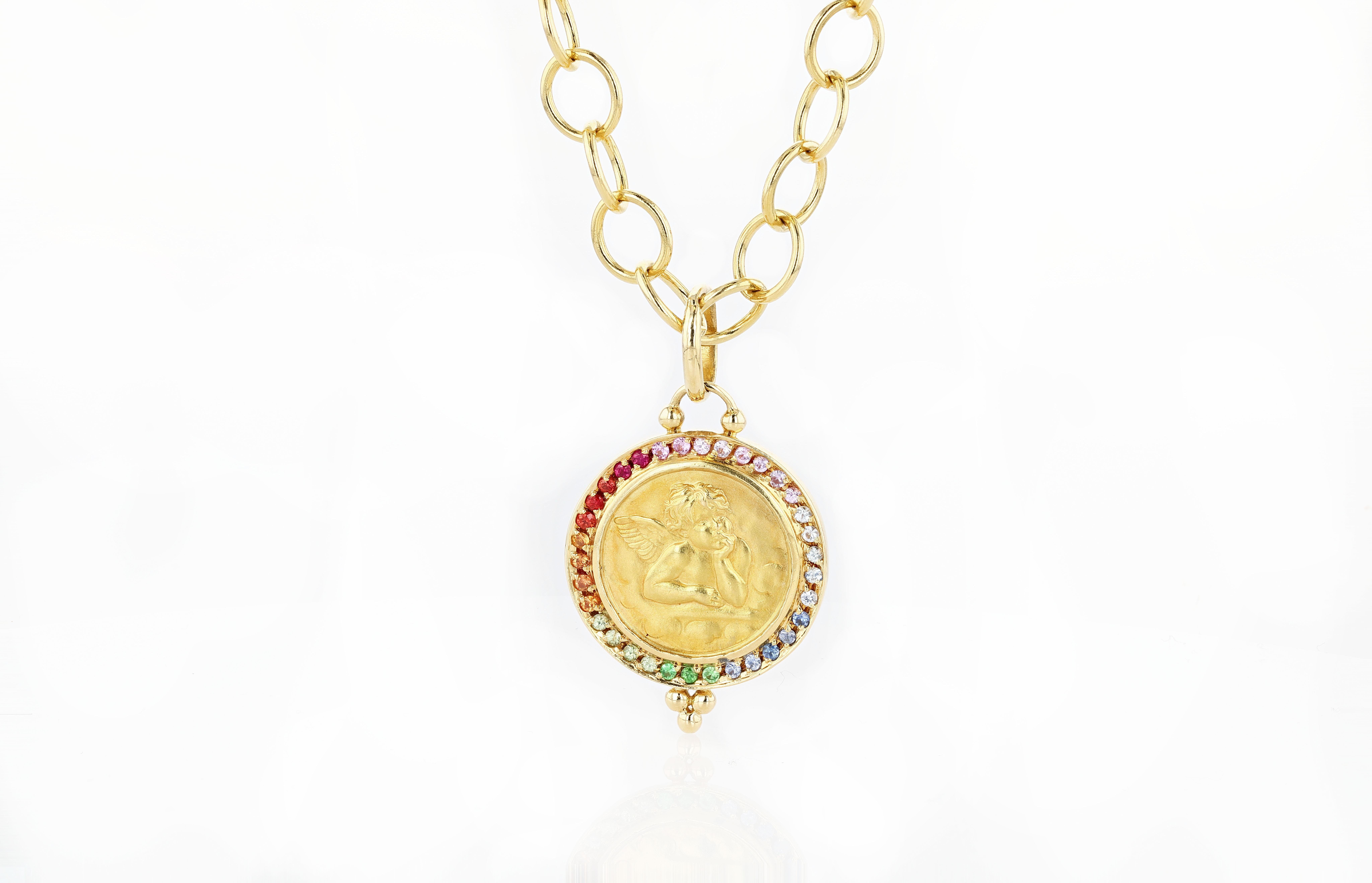 Temple St. Clair Large Gold and Multi-Colored Sapphire Cherub Pendant In Excellent Condition In Princeton, NJ