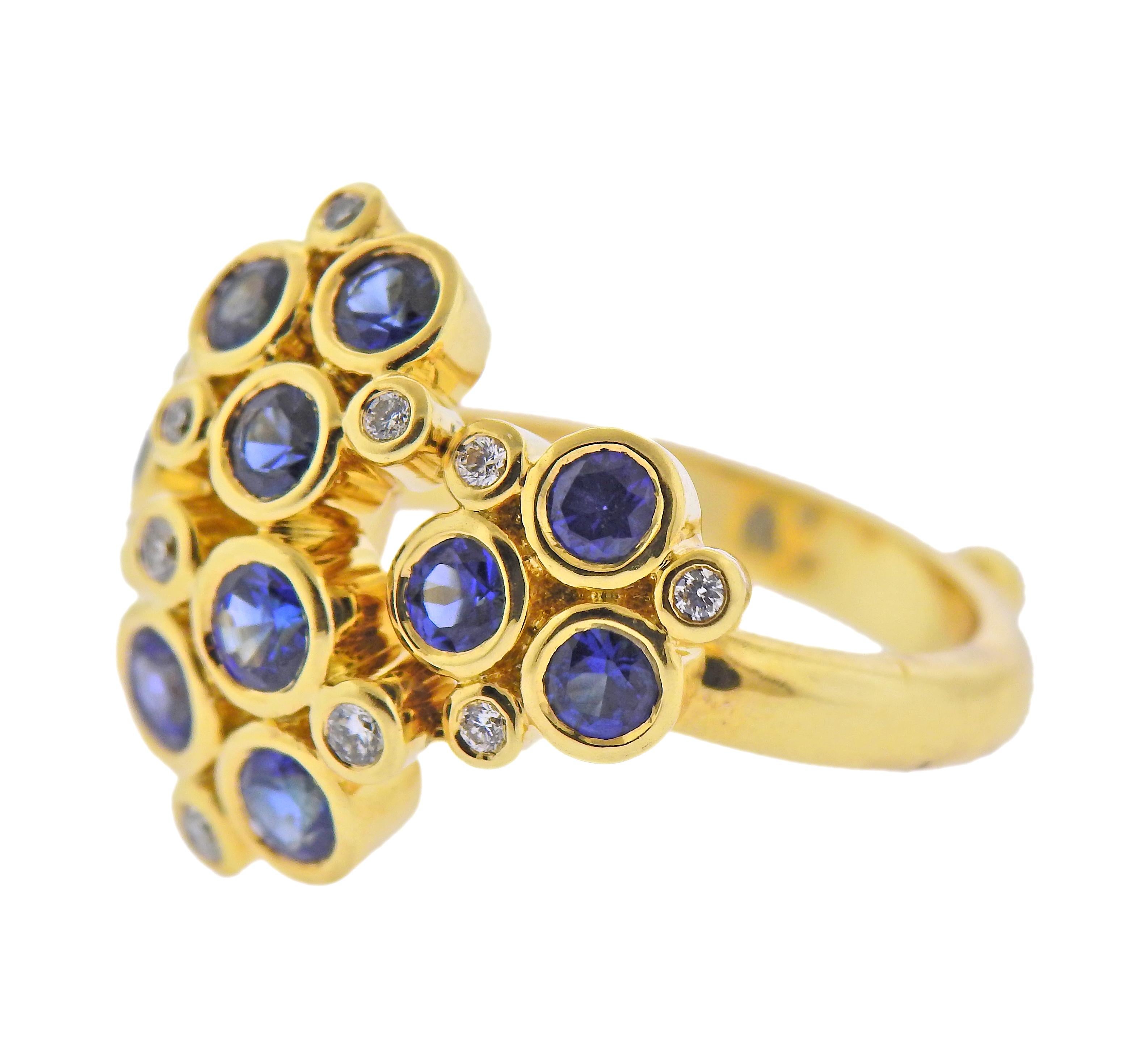 New 18k gold Temple St. Clair Luclus ring, with Sri Lanka 2.73cts sapphires and 0.18cts in diamonds. Ring size - 6.5, ring top - 20mm x 25mm. Marked: 750 and Temple mark. With retail tag $6500 and original pouch. Weight - 14.4 grams.