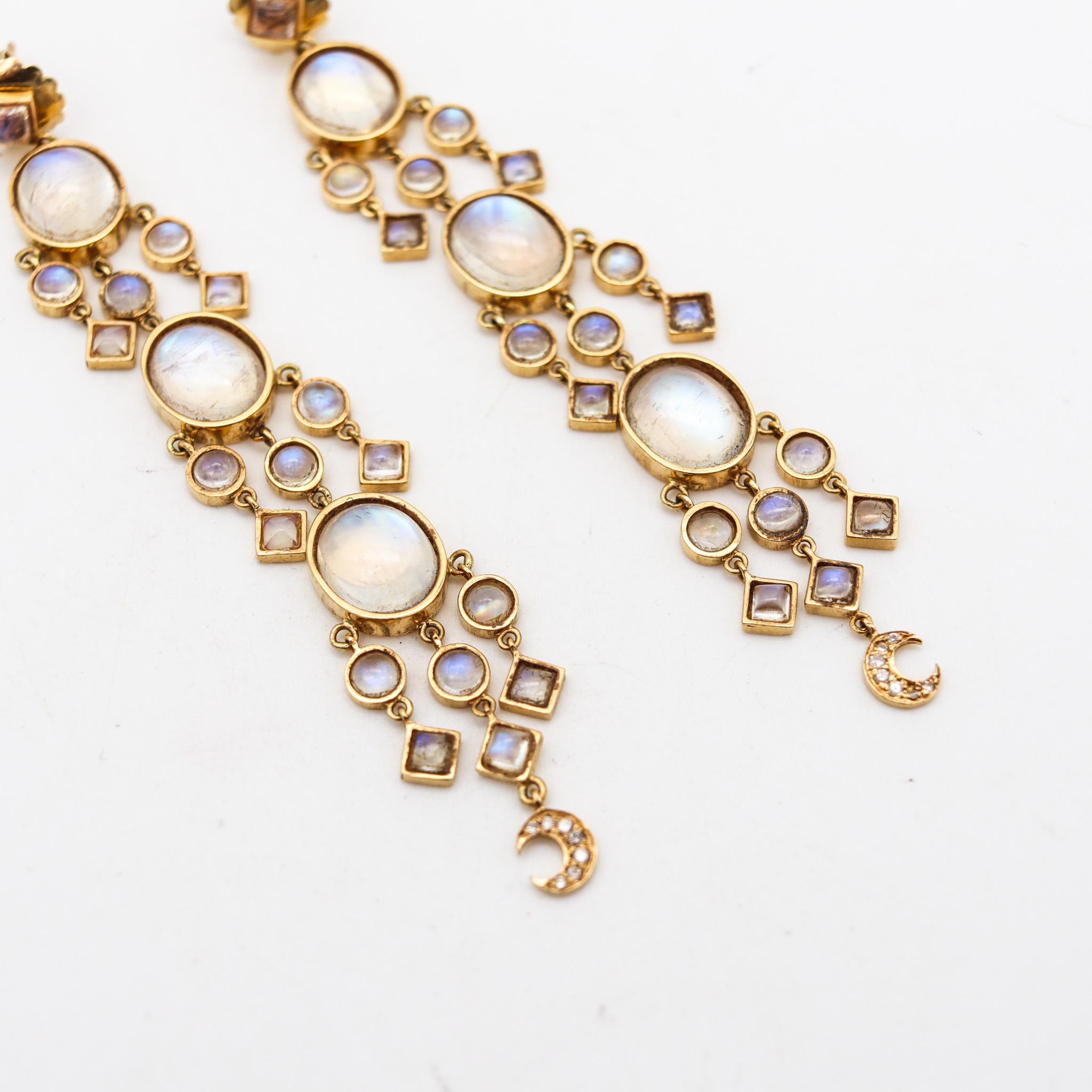 Modernist Temple St Clair Long Dangle Earrings In 18Kt Gold With 28.68 Ctw In Moonstones For Sale