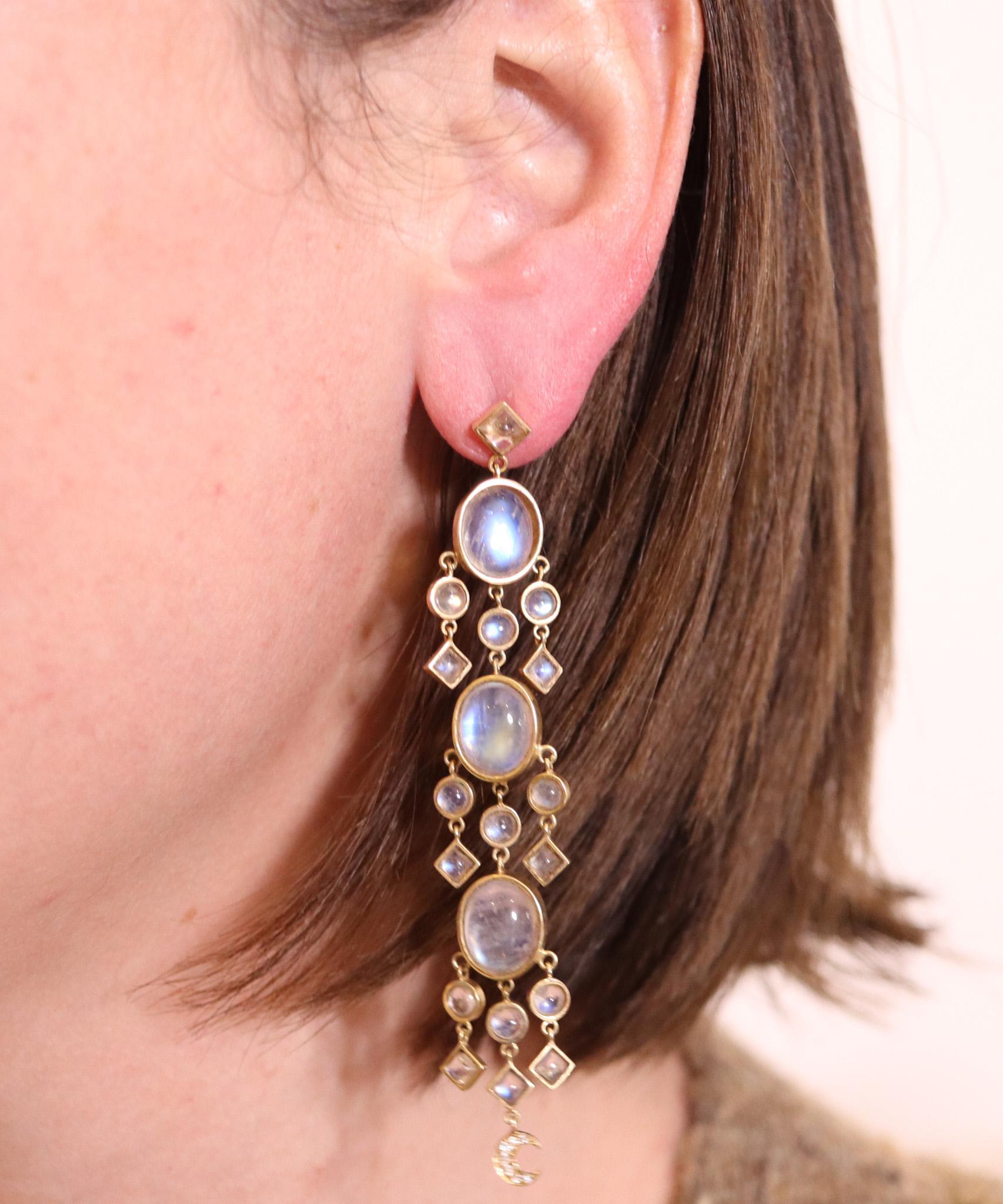 Temple St Clair Long Dangle Earrings In 18Kt Gold With 28.68 Ctw In Moonstones For Sale 2