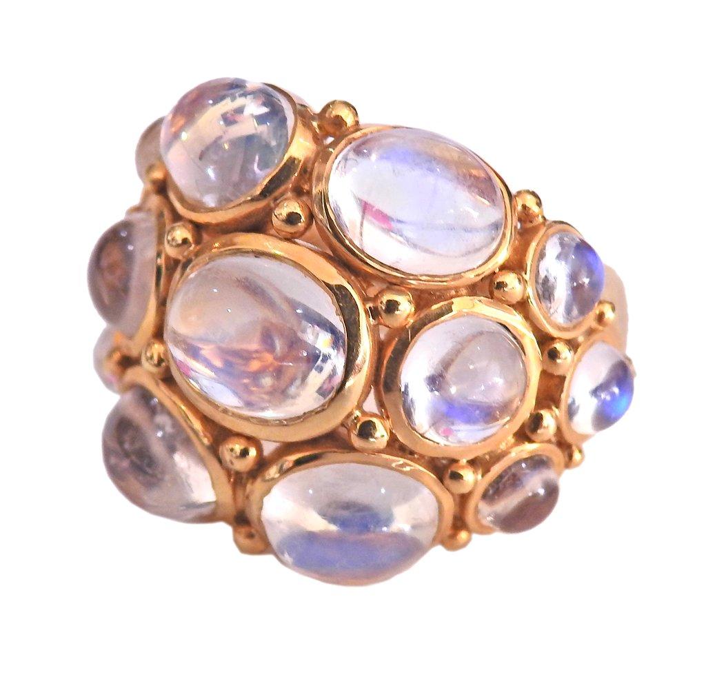 18k yellow gold dome cocktail ring by Temple St. Clair, with moonstone cabochons. Ring size - 6.5, ring top - 23mm wide. Weight - 16.5 grams. Marked: Temple mark, 750. 