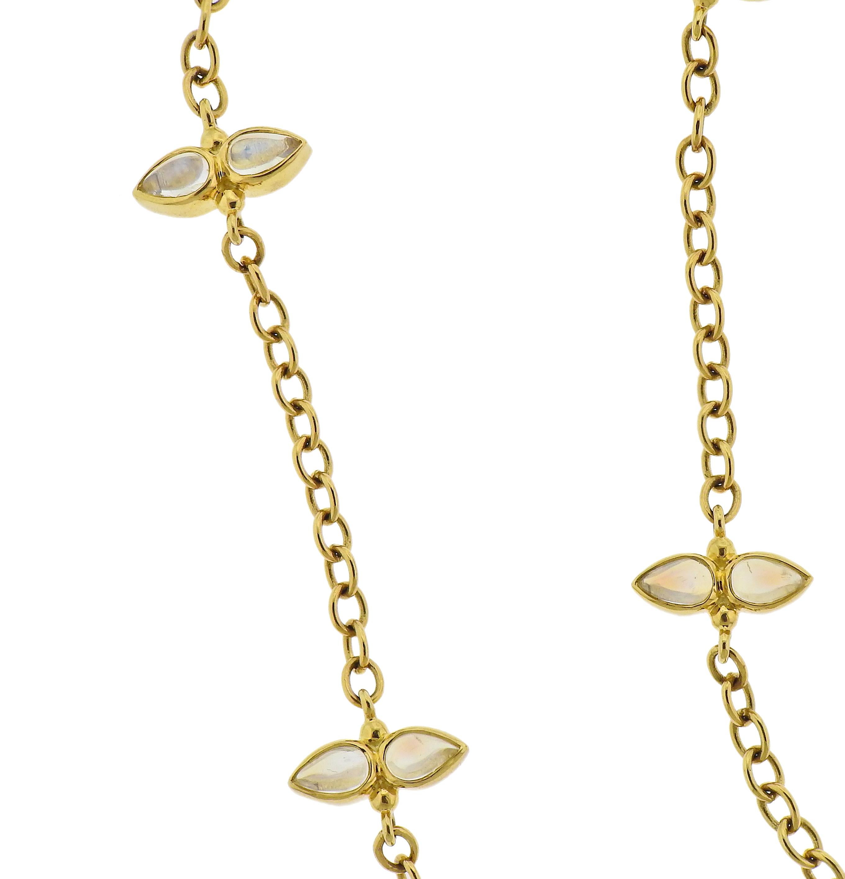 Long 18k gold station necklace by Temple St. Clair , with moonstones. Necklace is 36.25
