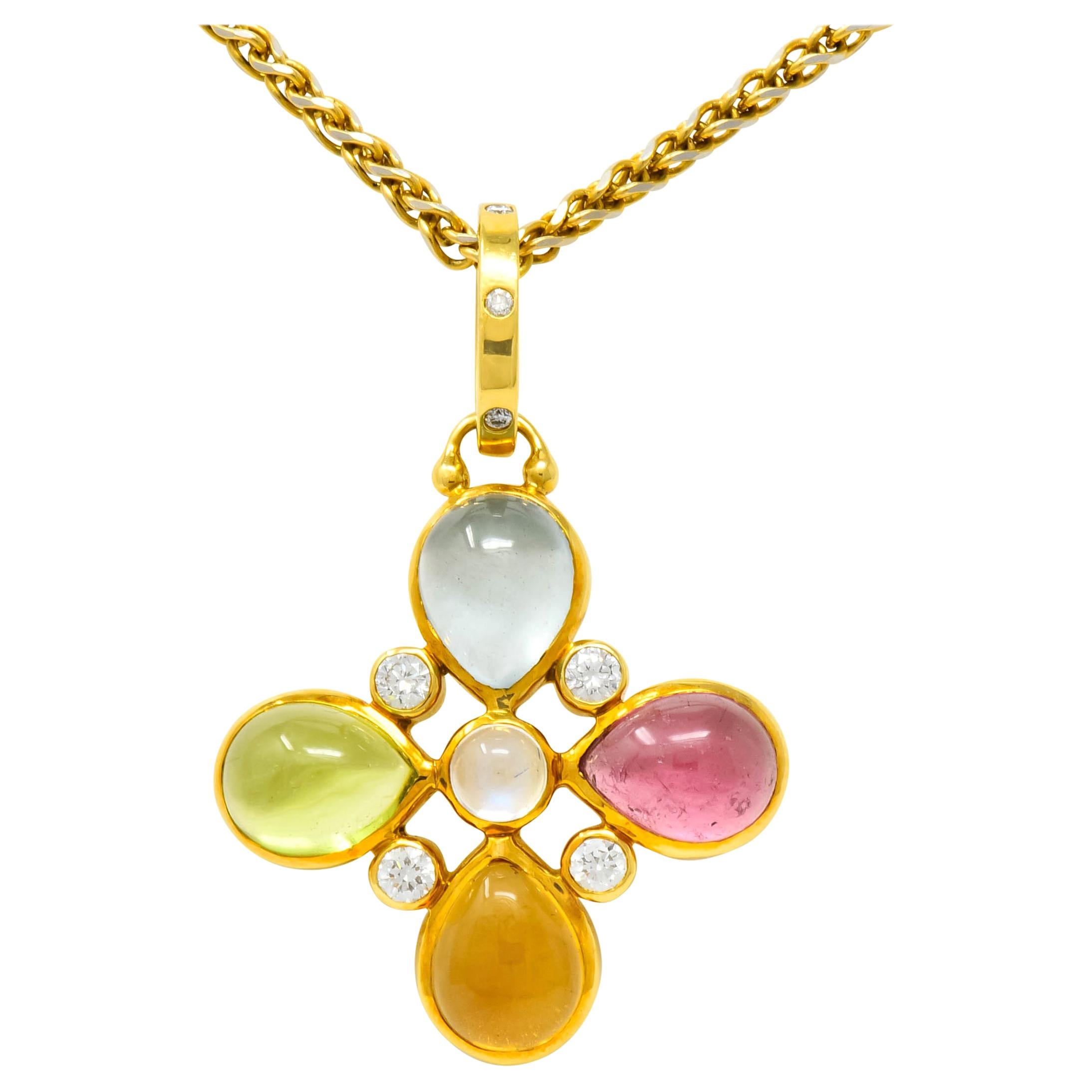 Temple St. Clair Multi-Gem Diamond 18 Karat Yellow Gold Floral Pendant Necklace