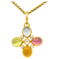 Temple St. Clair Multi-Gem Diamond 18 Karat Yellow Gold Floral Pendant Necklace