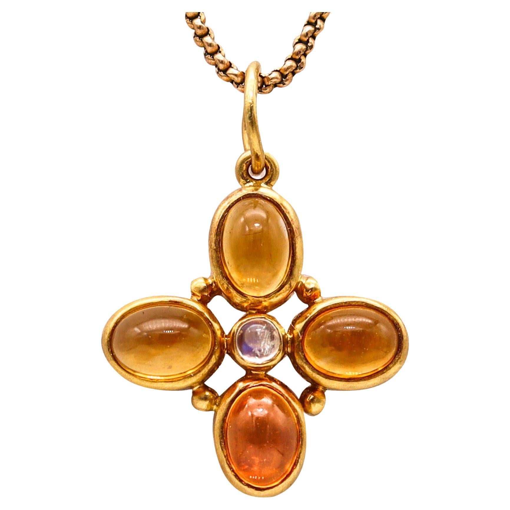 Temple St Clair Pendant In 22Kt Yellow Gold With Oval Citrines and Moonstone For Sale