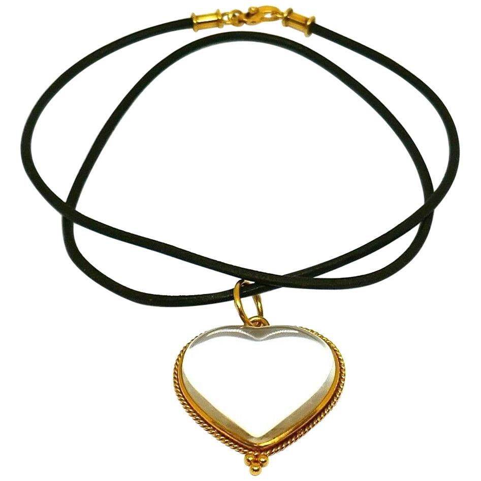 Temple St. Clair Rock Crystal Yellow Gold Heart Leather Cord Necklace