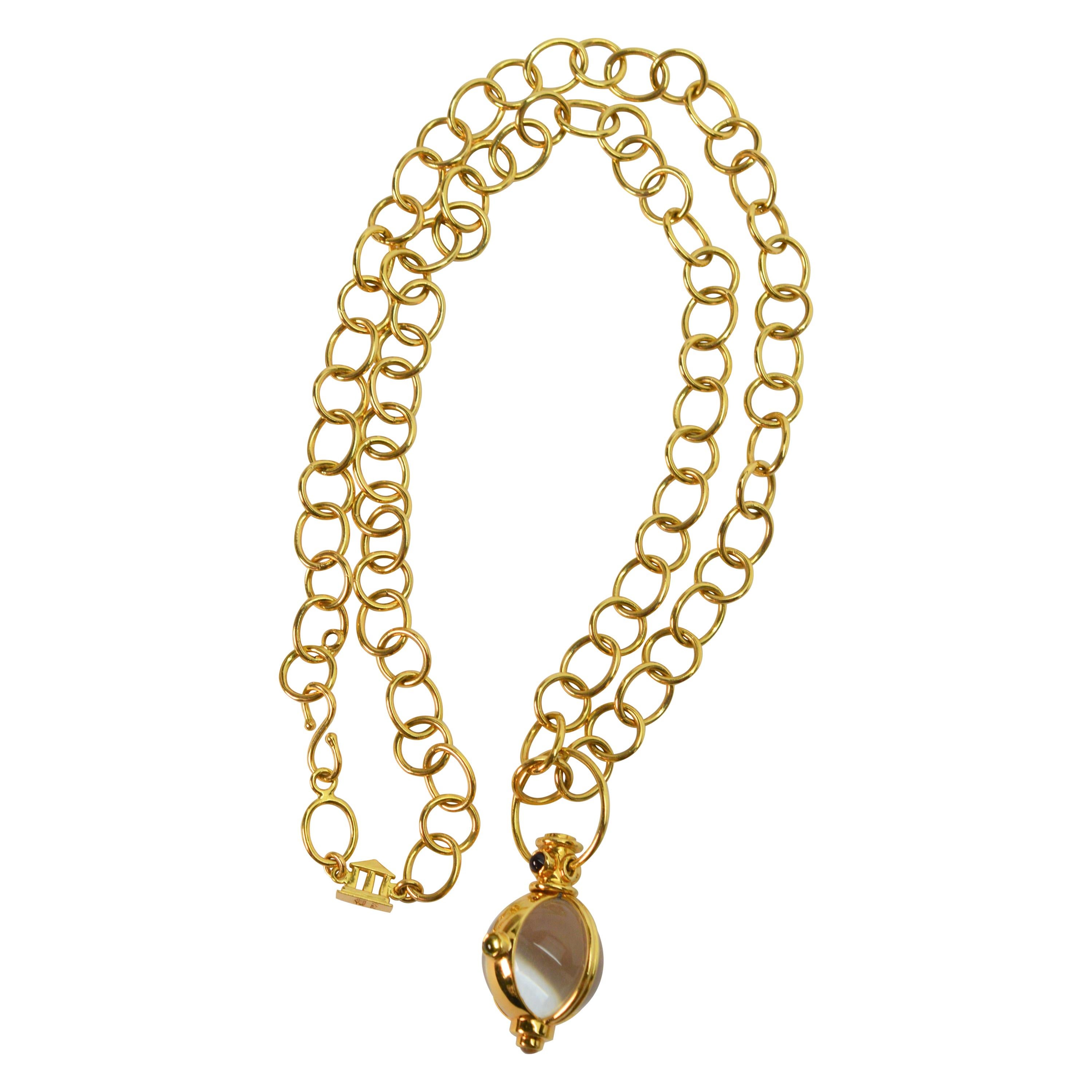 Temple St. Clair Yellow Gold Chain Necklace w Rock Crystal Gem Amulet Pendant