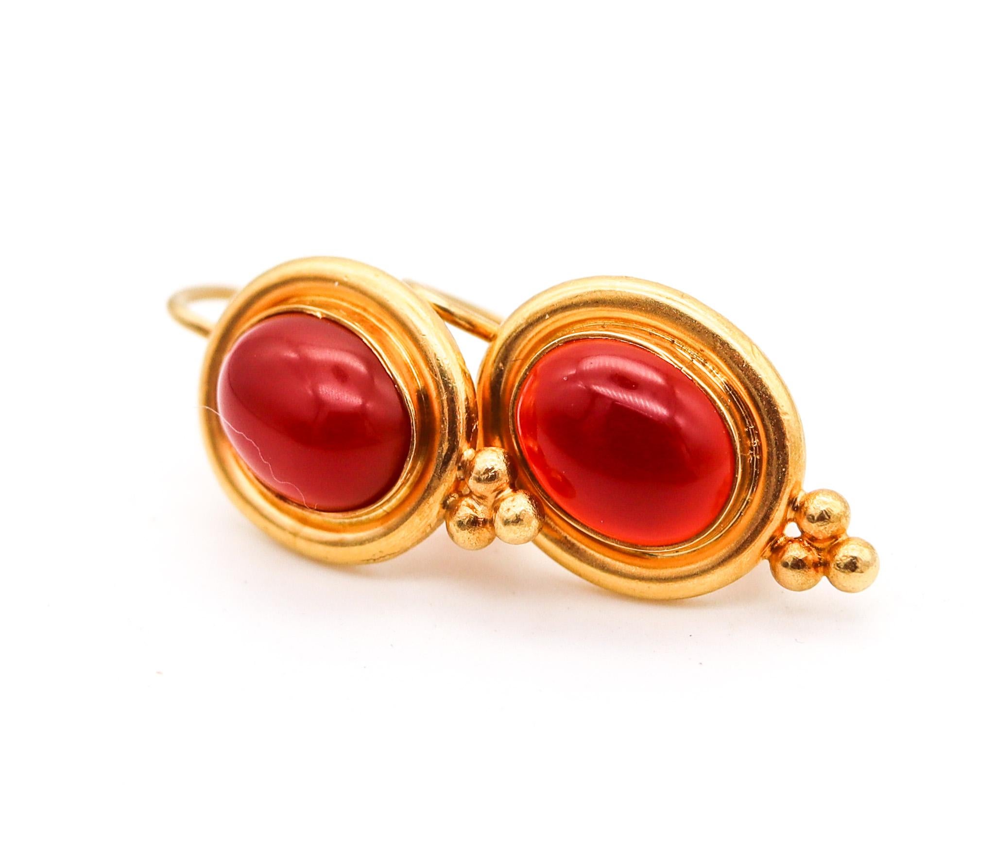 Renaissance Revival Temple St Claire French Dangle Earrings In 22Kt Yellow Gold With Oval Carnelians For Sale