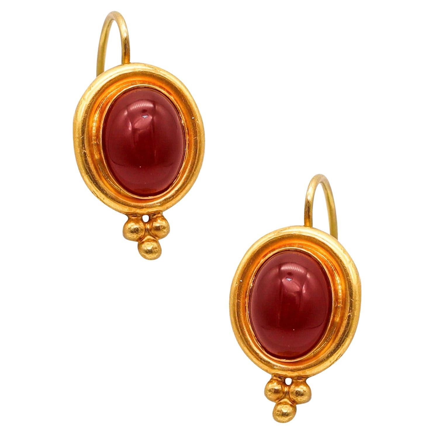 Temple St Claire French Dangle Earrings In 22Kt Yellow Gold With Oval Carnelians For Sale